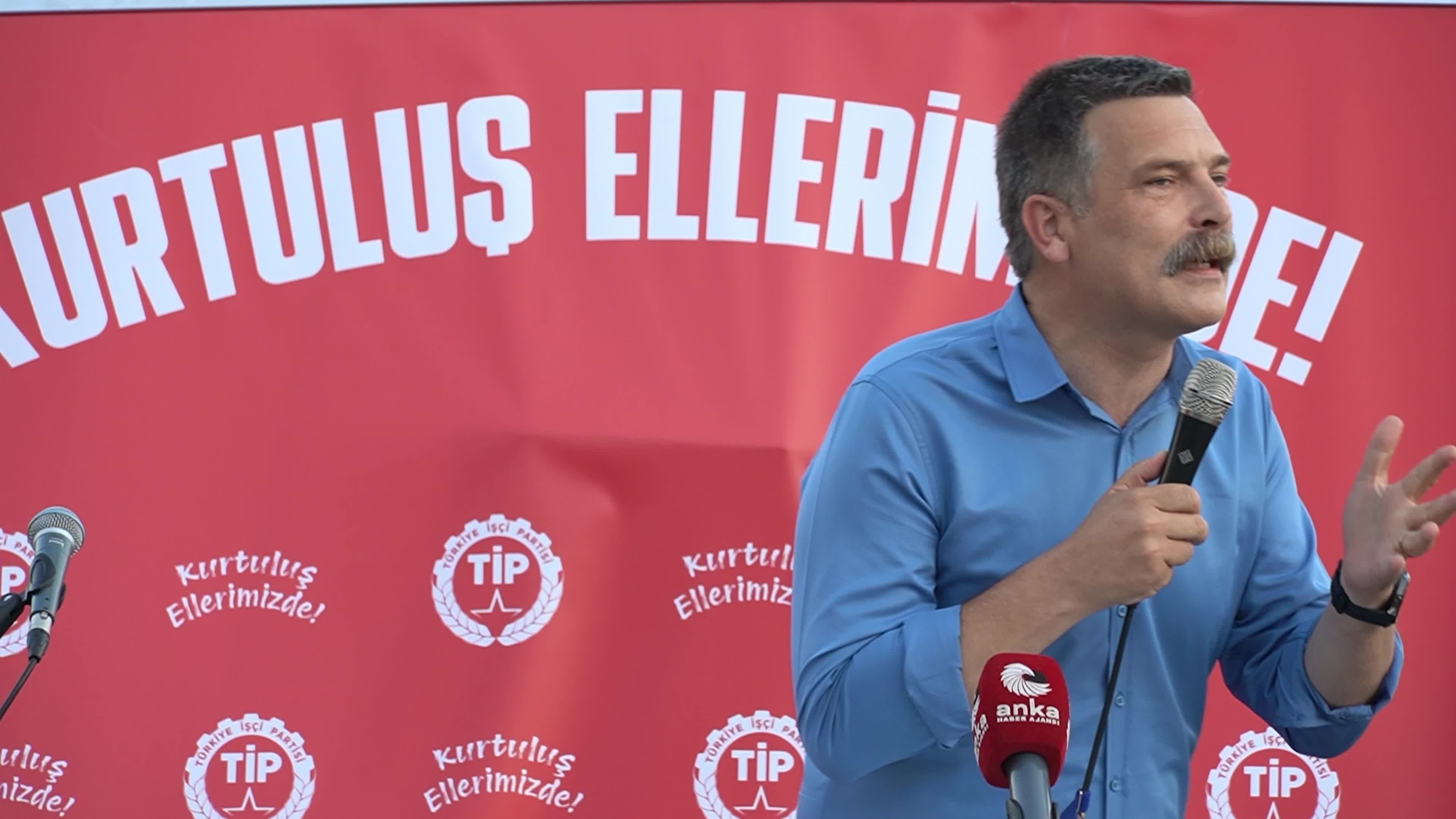 Erkan Bas, Chairman of the Workers' Party of Turkey (TIP), attends a public forum