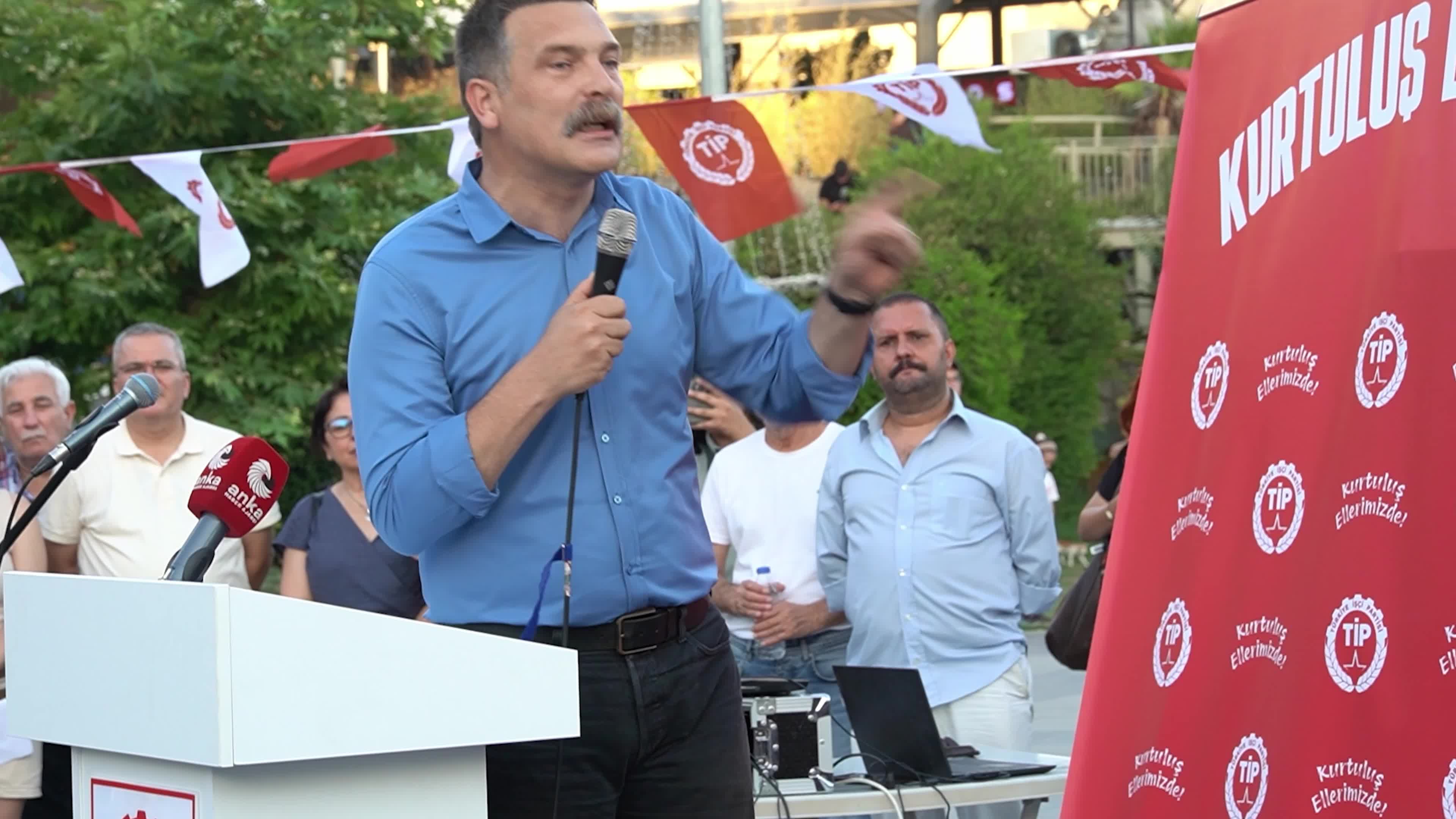 Erkan Bas, Chairman of the Workers' Party of Turkey (TIP), attends a public forum