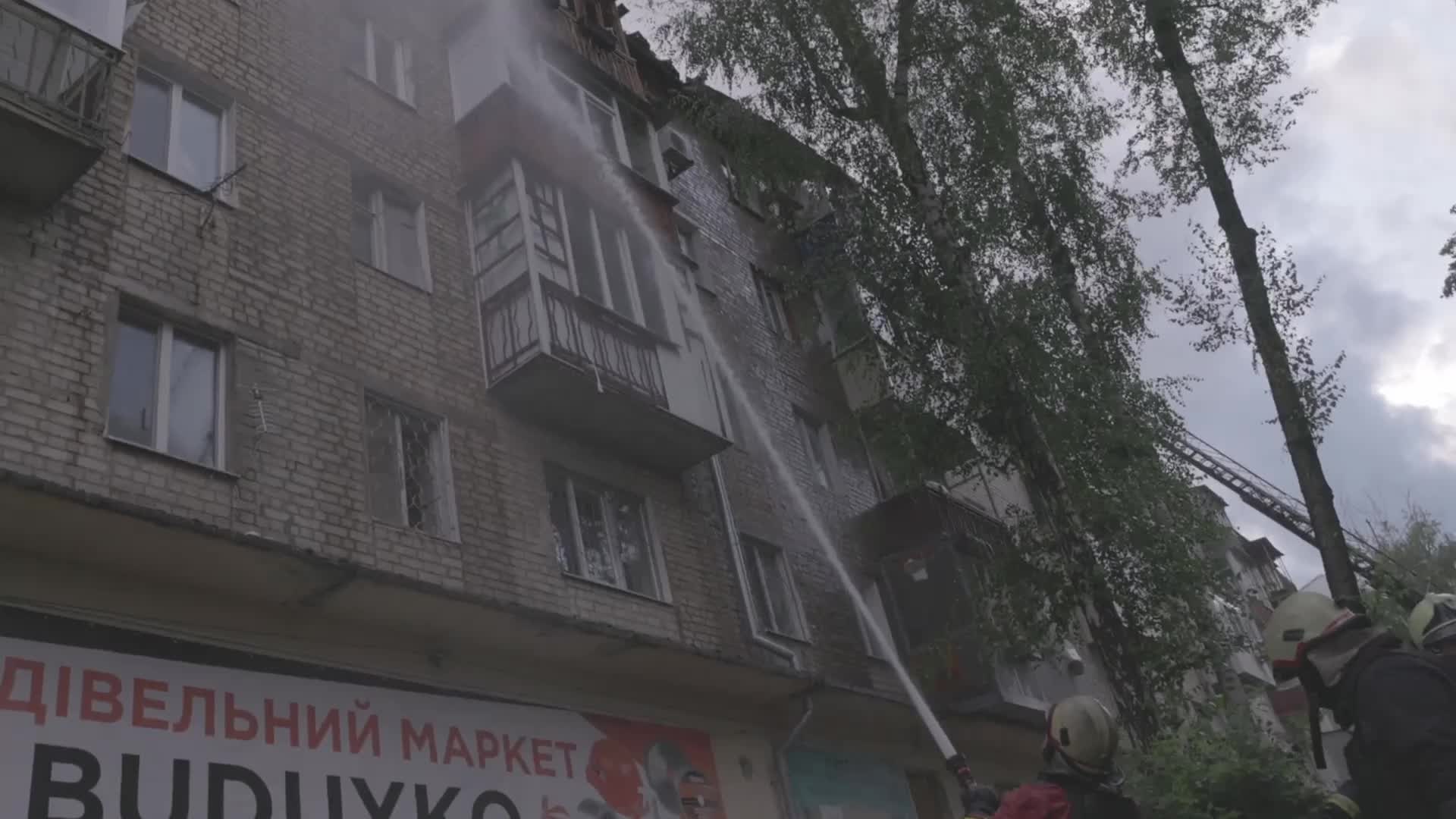 Firefighters Battle Blaze After Shahed Drone Strike on Residential Building in Kharkiv
