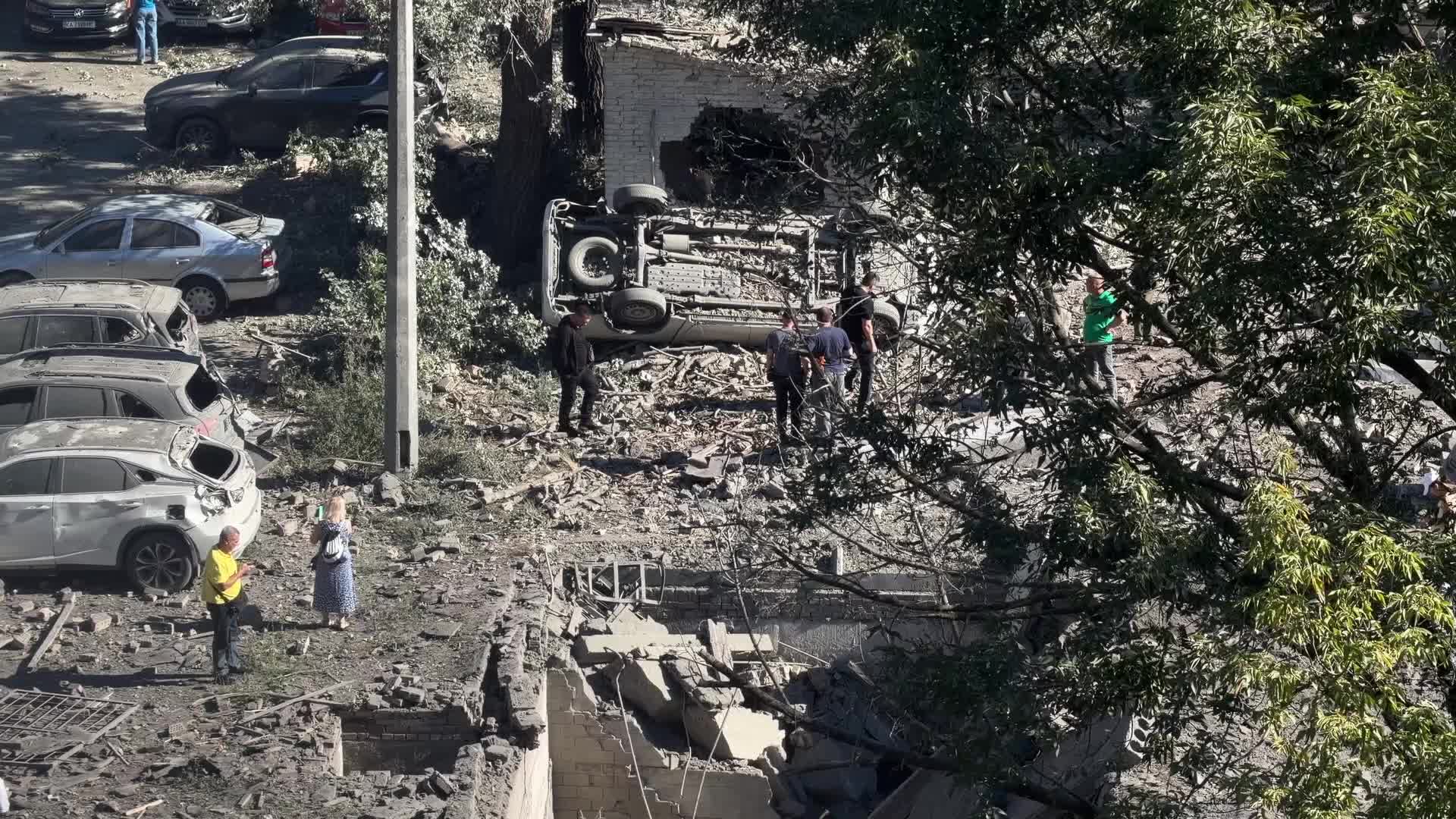 The aftermath of a massive Russian overnight attack is seen in Kyiv, Ukraine, on August 20, 2026.