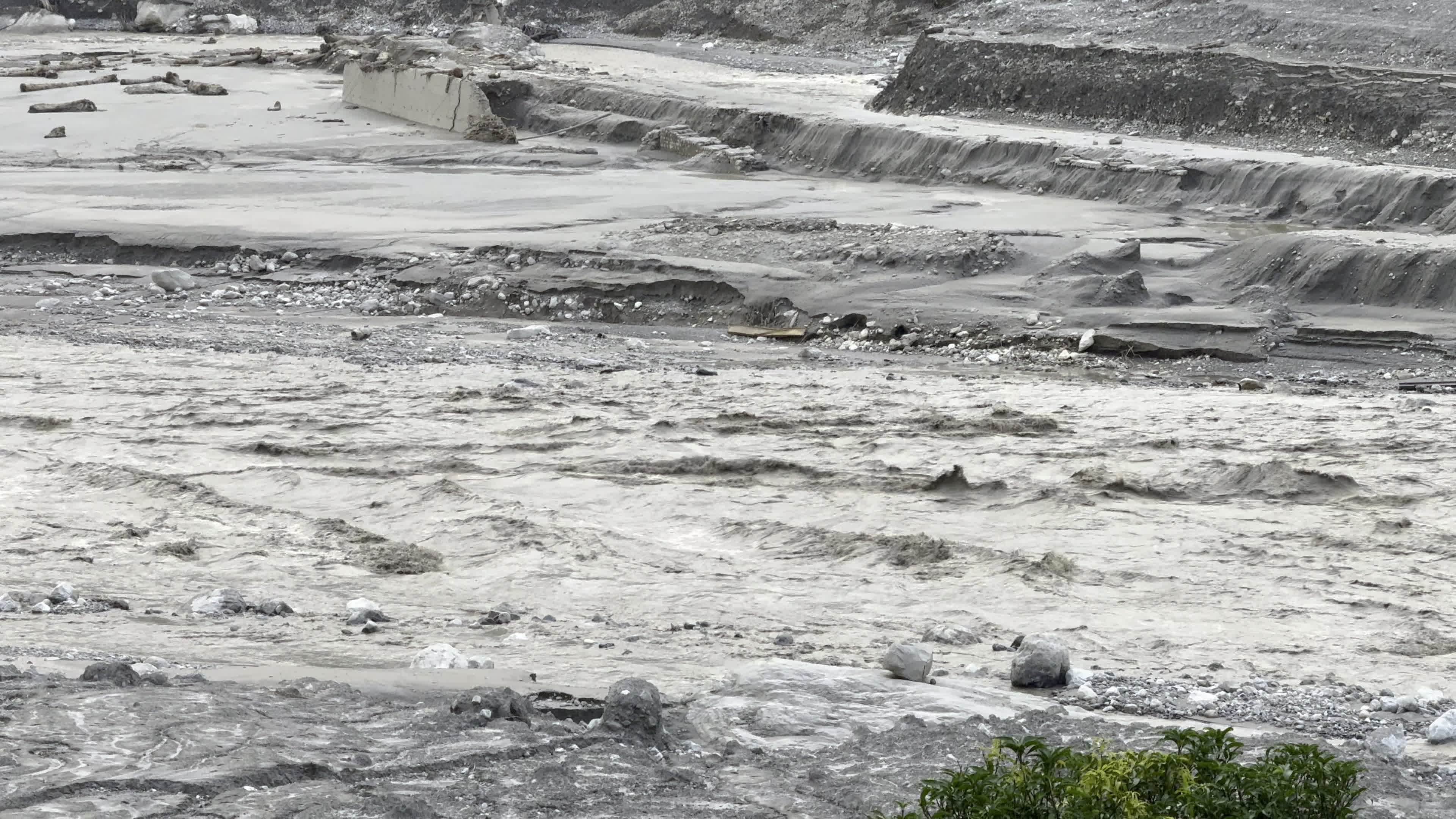 NEPAL: Turbulent Trishuli River Rapids Carve Eroded Sandbanks and Sediment Beds