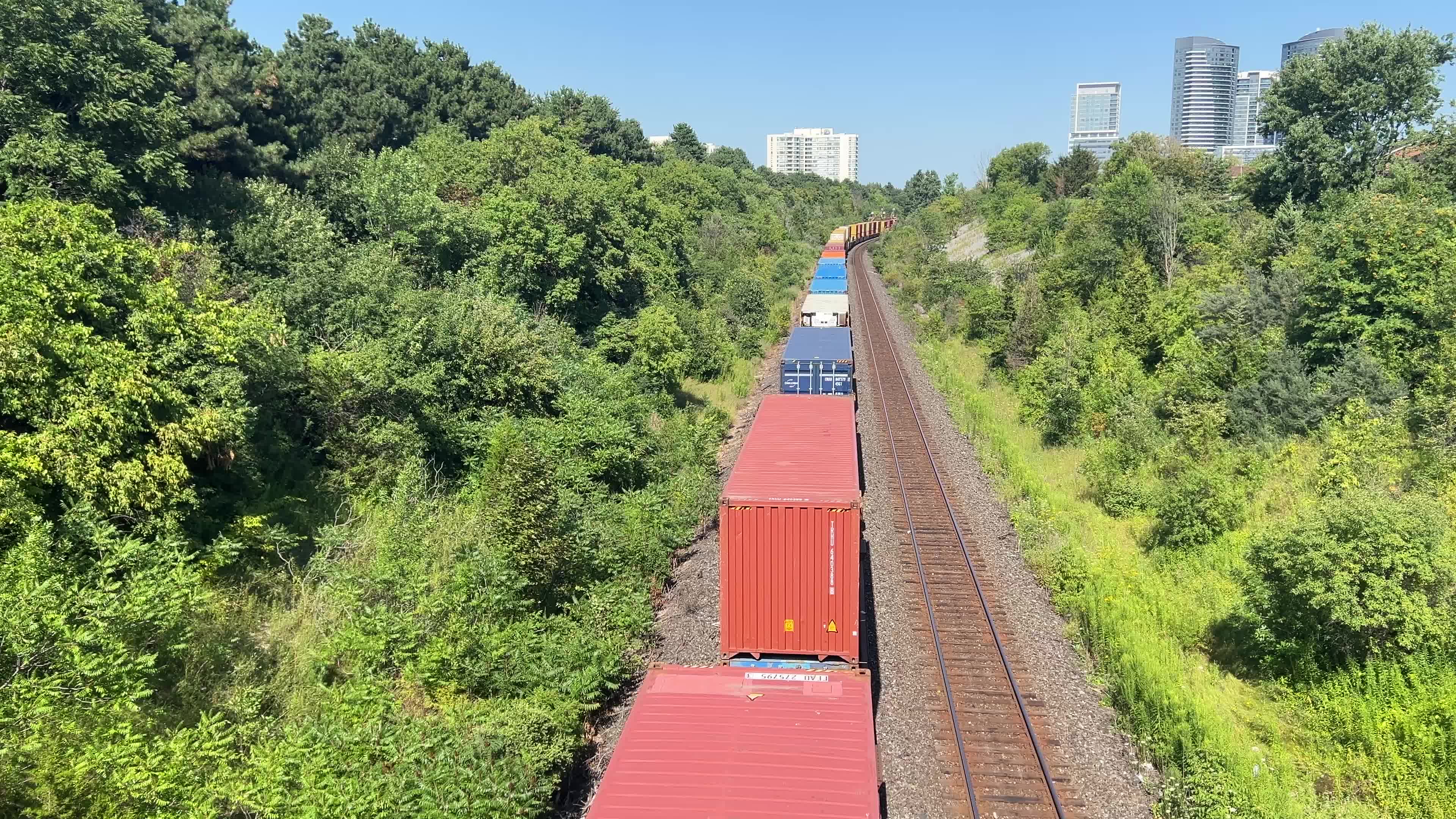 Train carrying stacked intermodal shipping containers