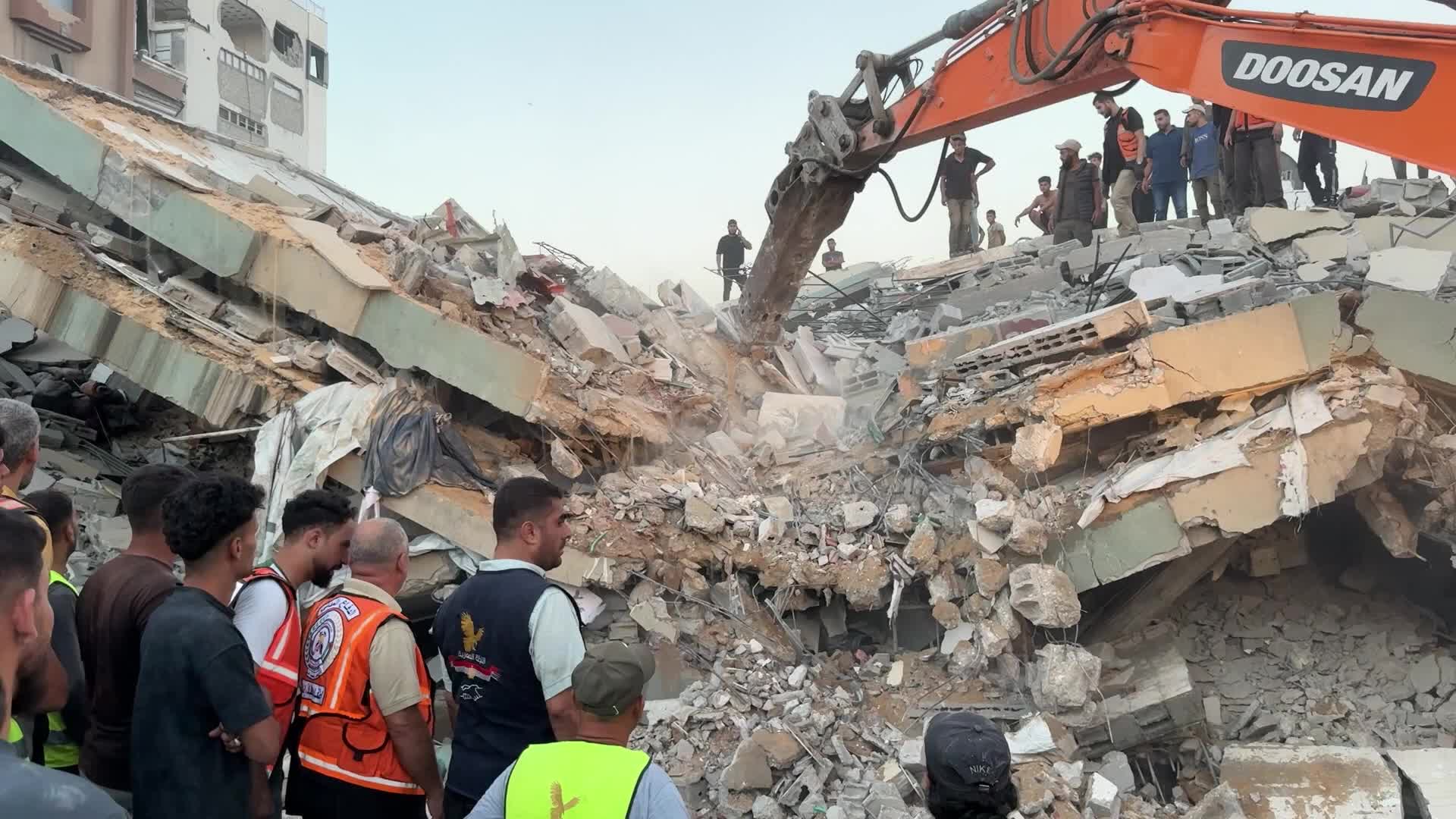 War-damaged building collapses in Gaza City