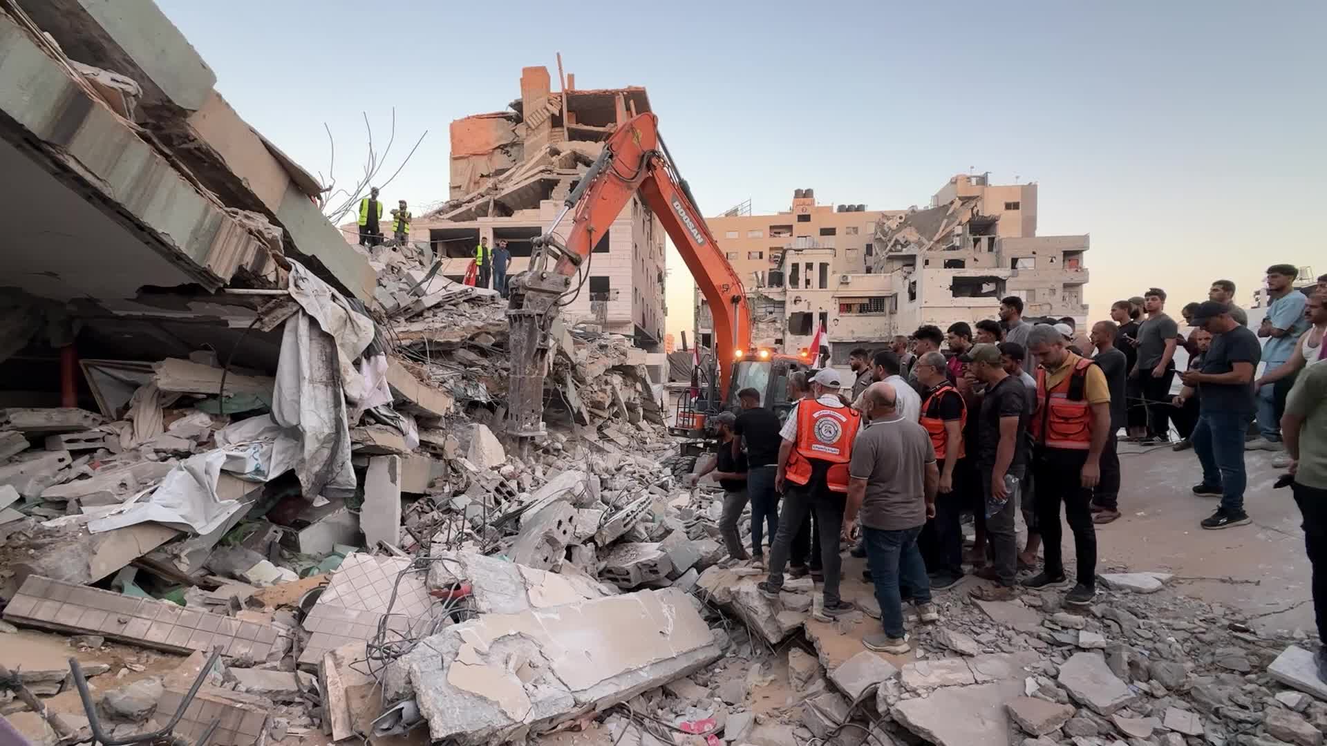 War-damaged building collapses in Gaza City