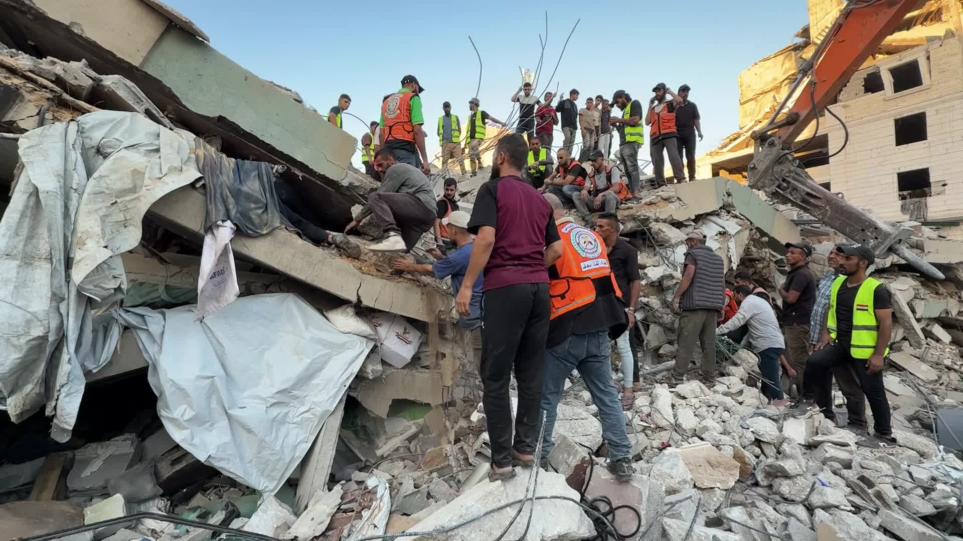 War-damaged building collapses in Gaza City