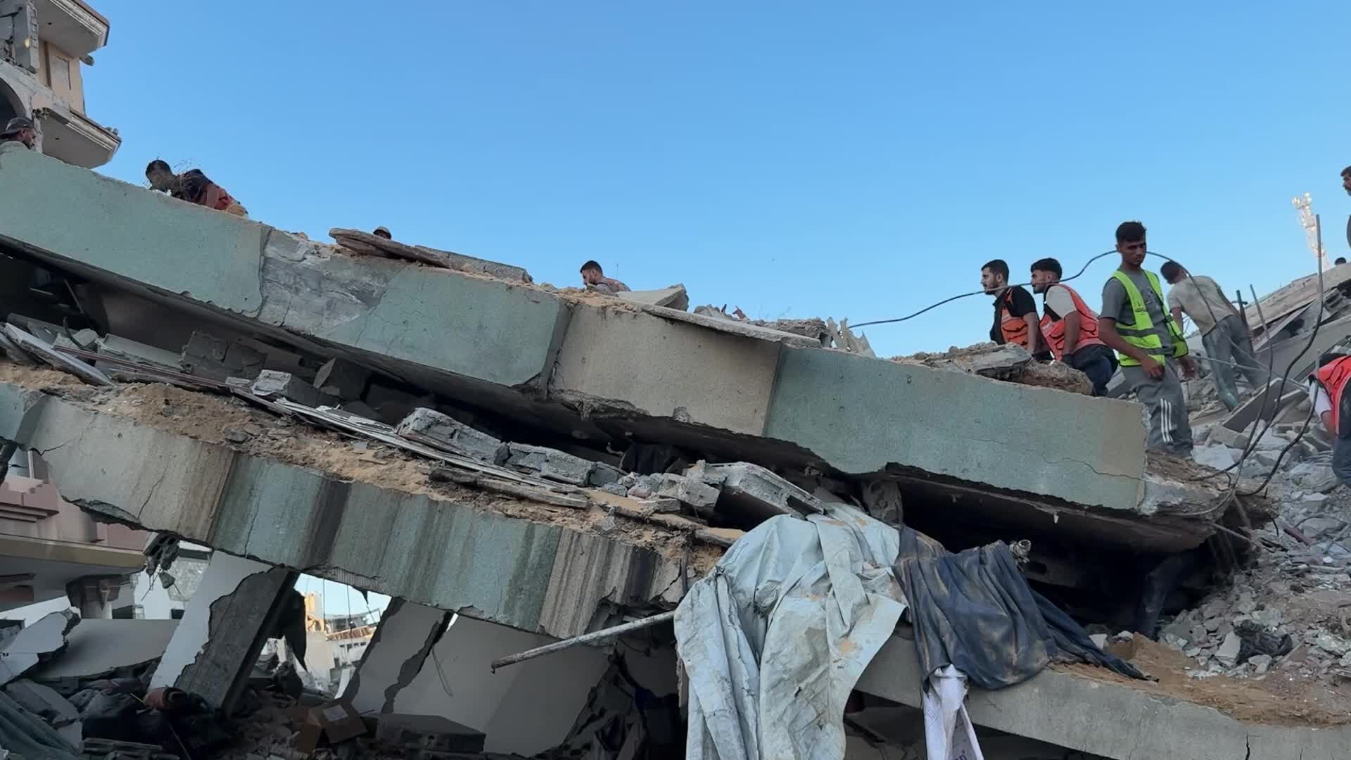 War-damaged building collapses in Gaza City