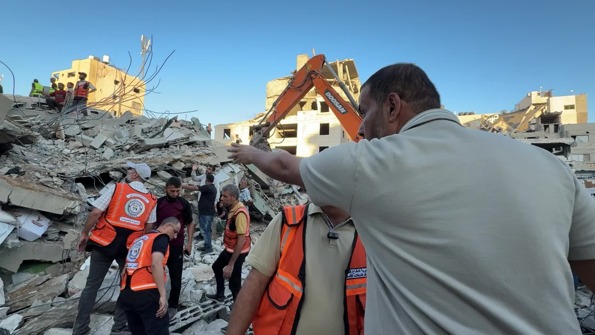War-damaged building collapses in Gaza City
