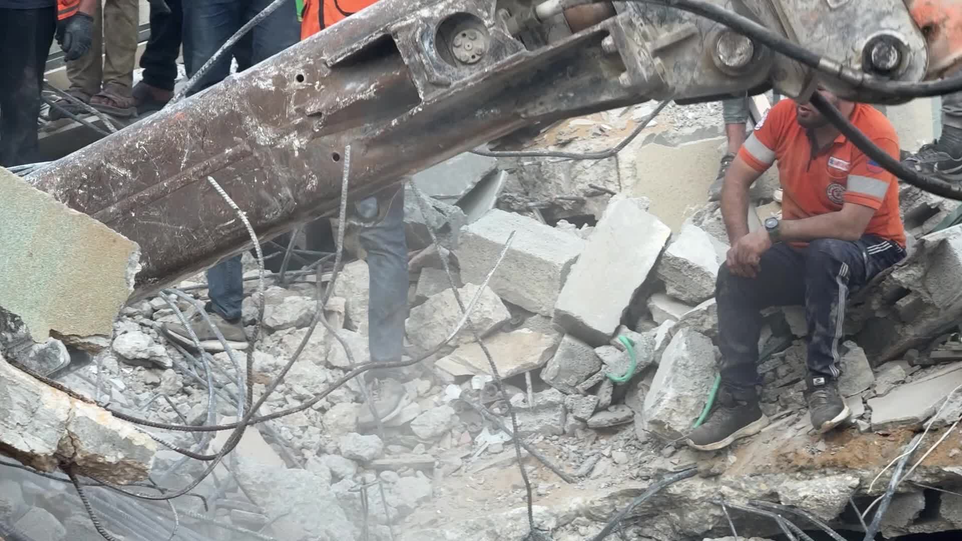 War-damaged building collapses in Gaza City