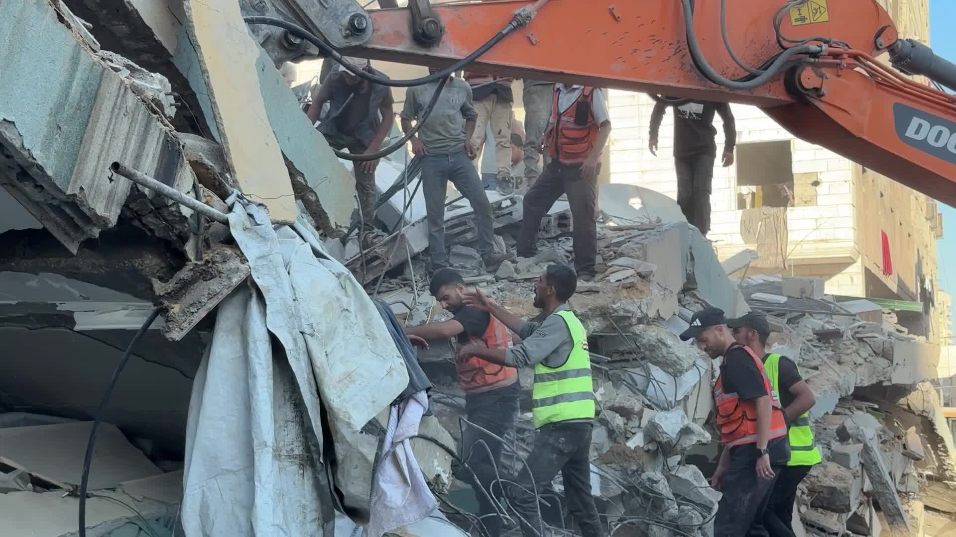 War-damaged building collapses in Gaza City