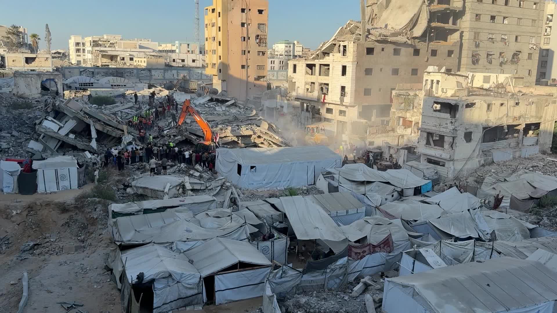 War-damaged building collapses in Gaza City