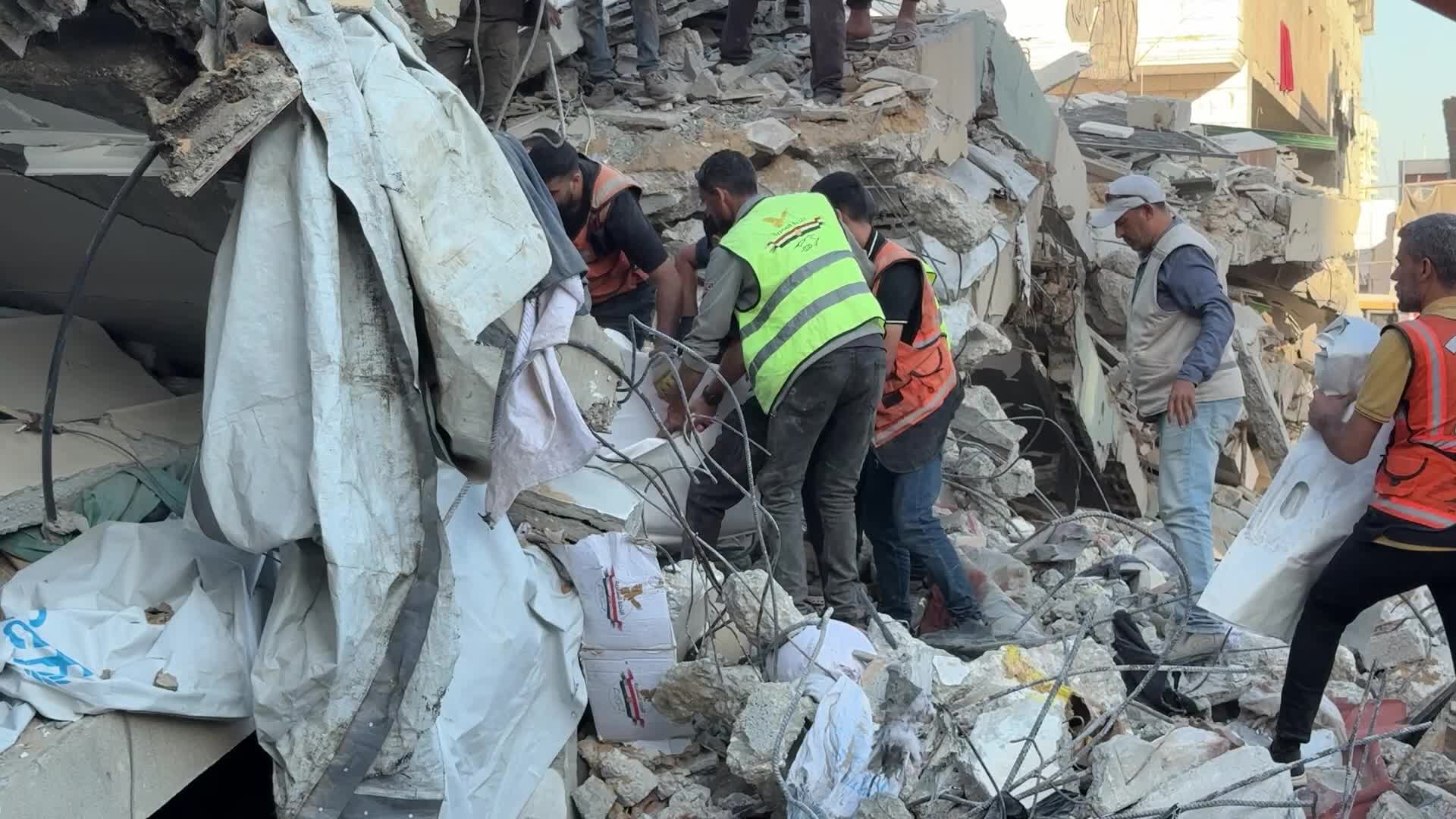 War-damaged building collapses in Gaza City