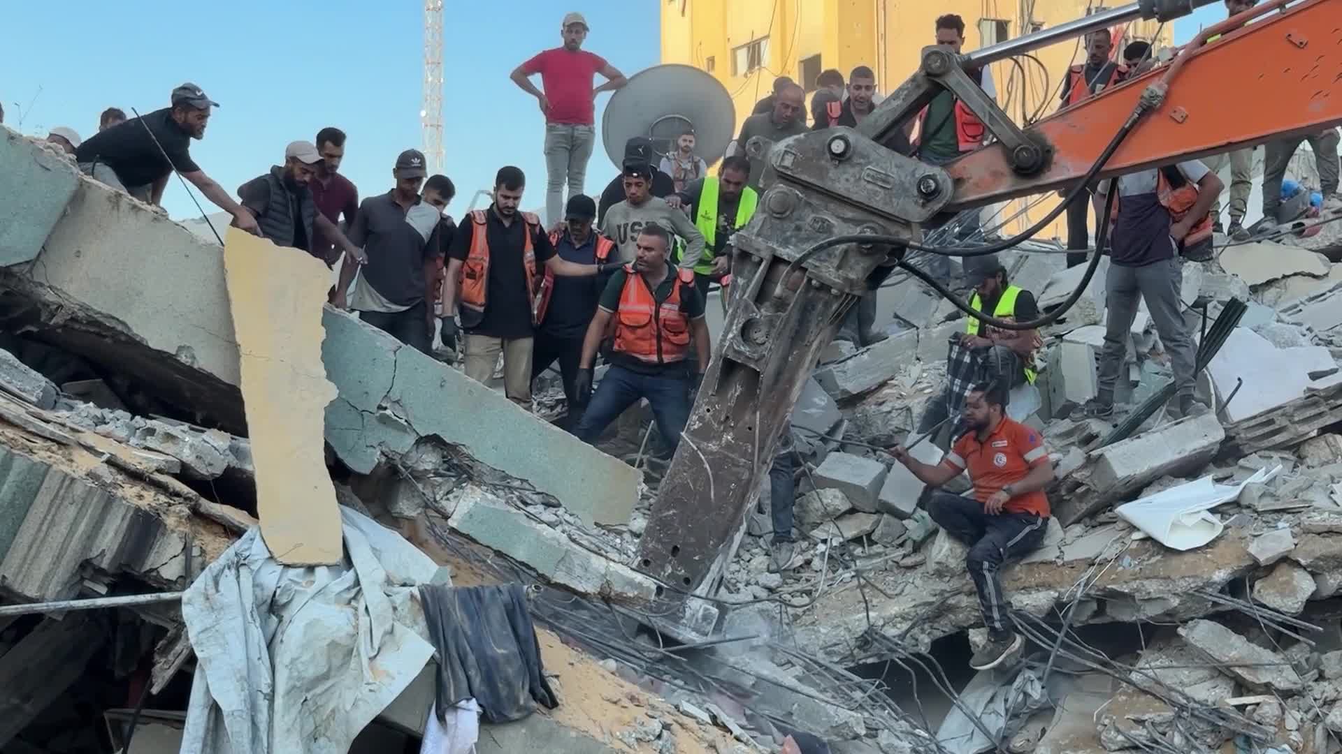 War-damaged building collapses in Gaza City
