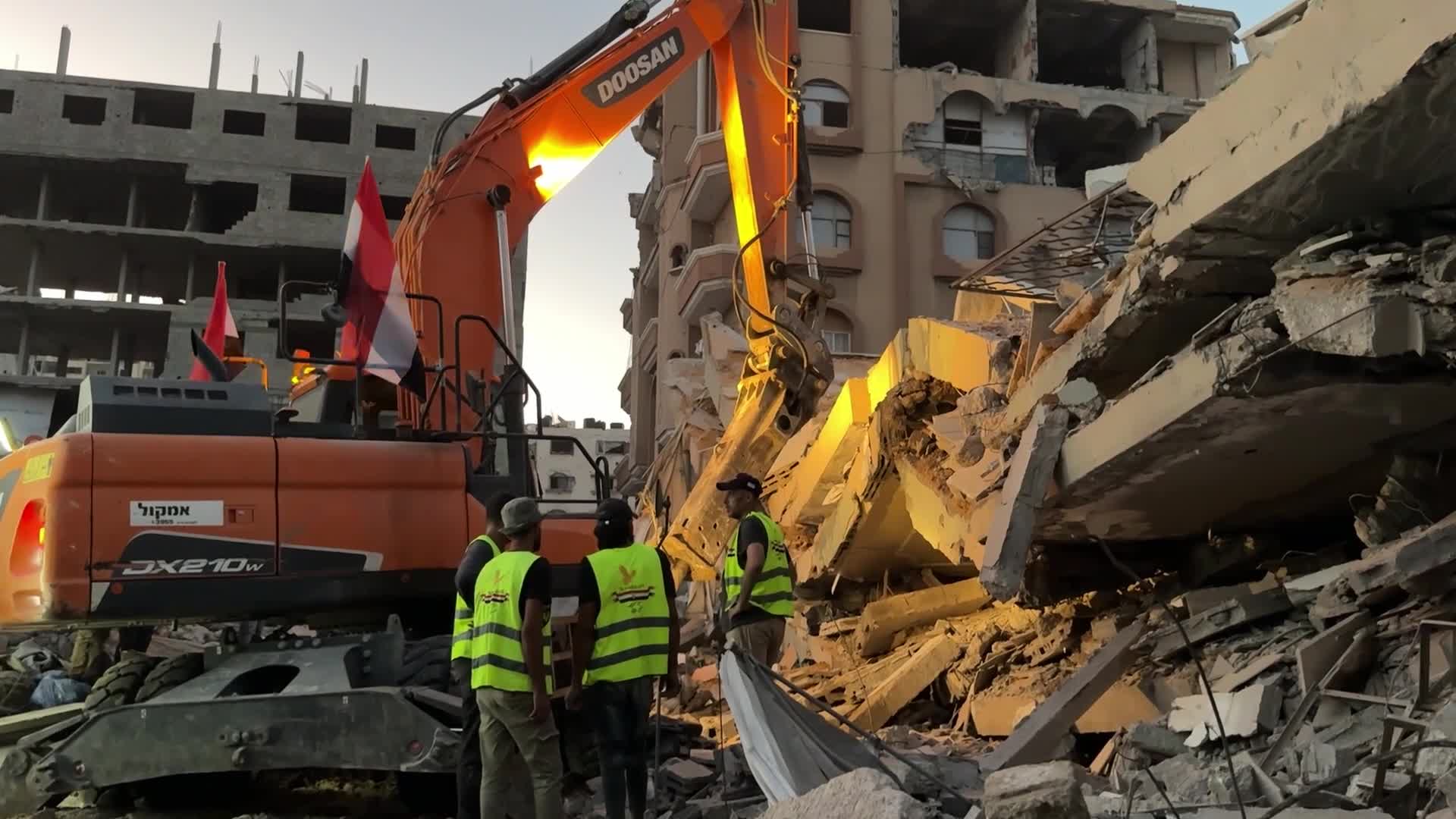 War-damaged building collapses in Gaza City