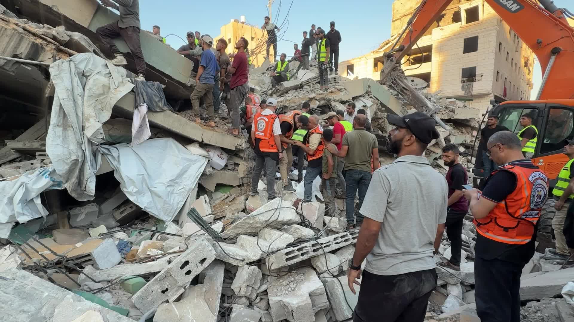 War-damaged building collapses in Gaza City
