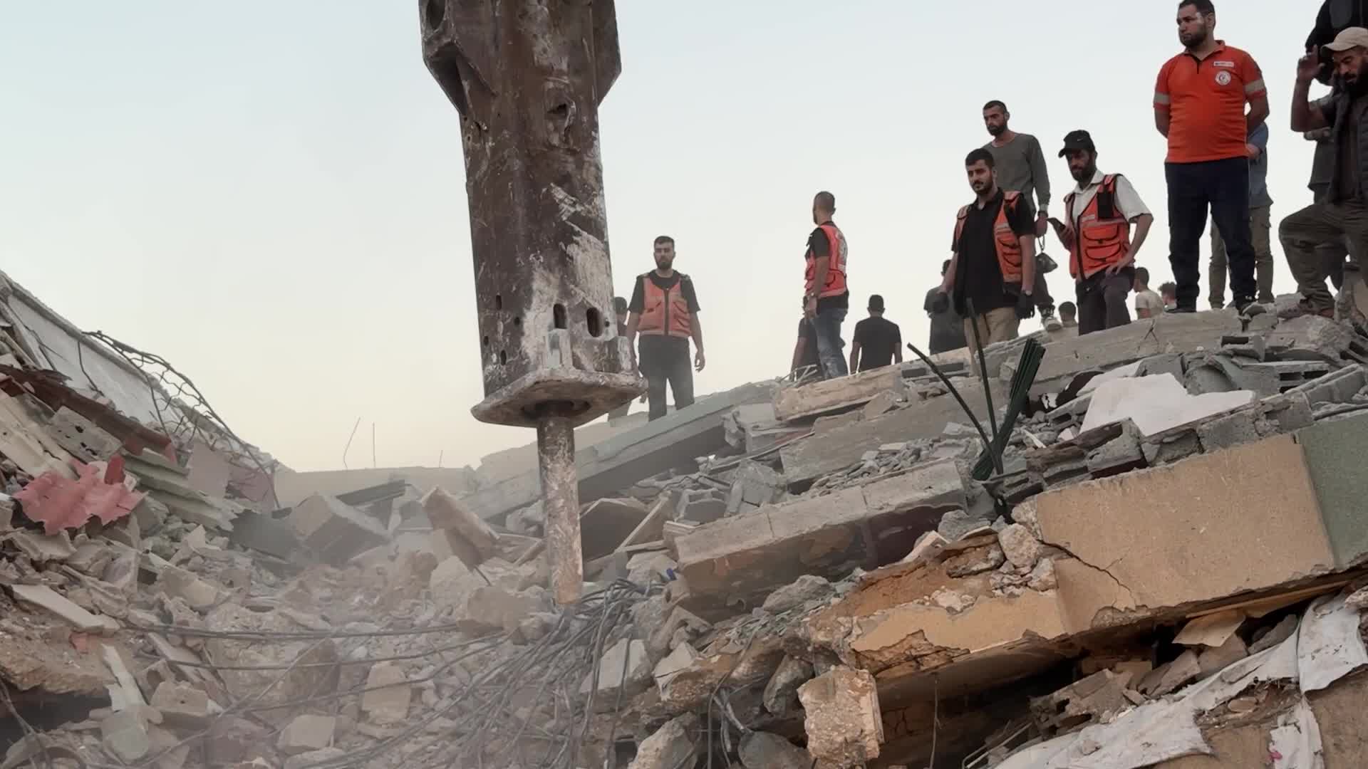 War-damaged building collapses in Gaza City