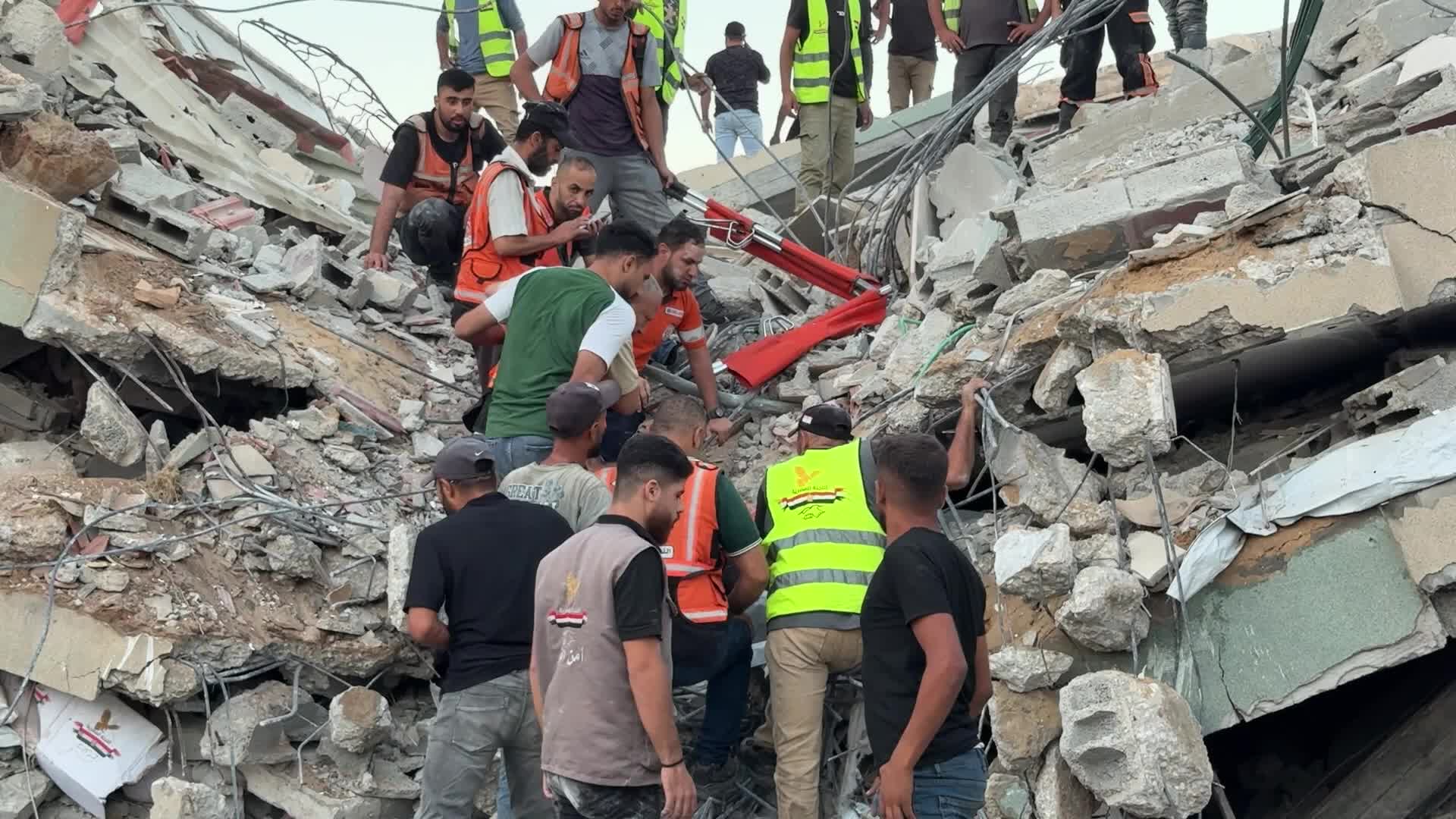 War-damaged building collapses in Gaza City