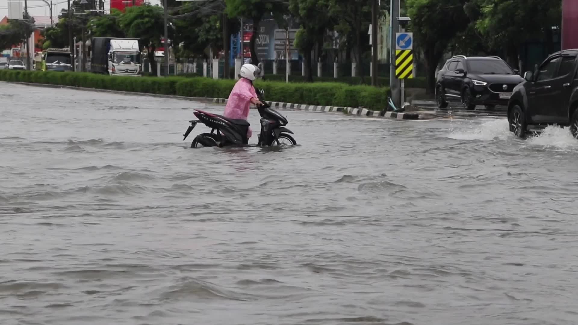 Residents  and motorists battle in floodwater.
