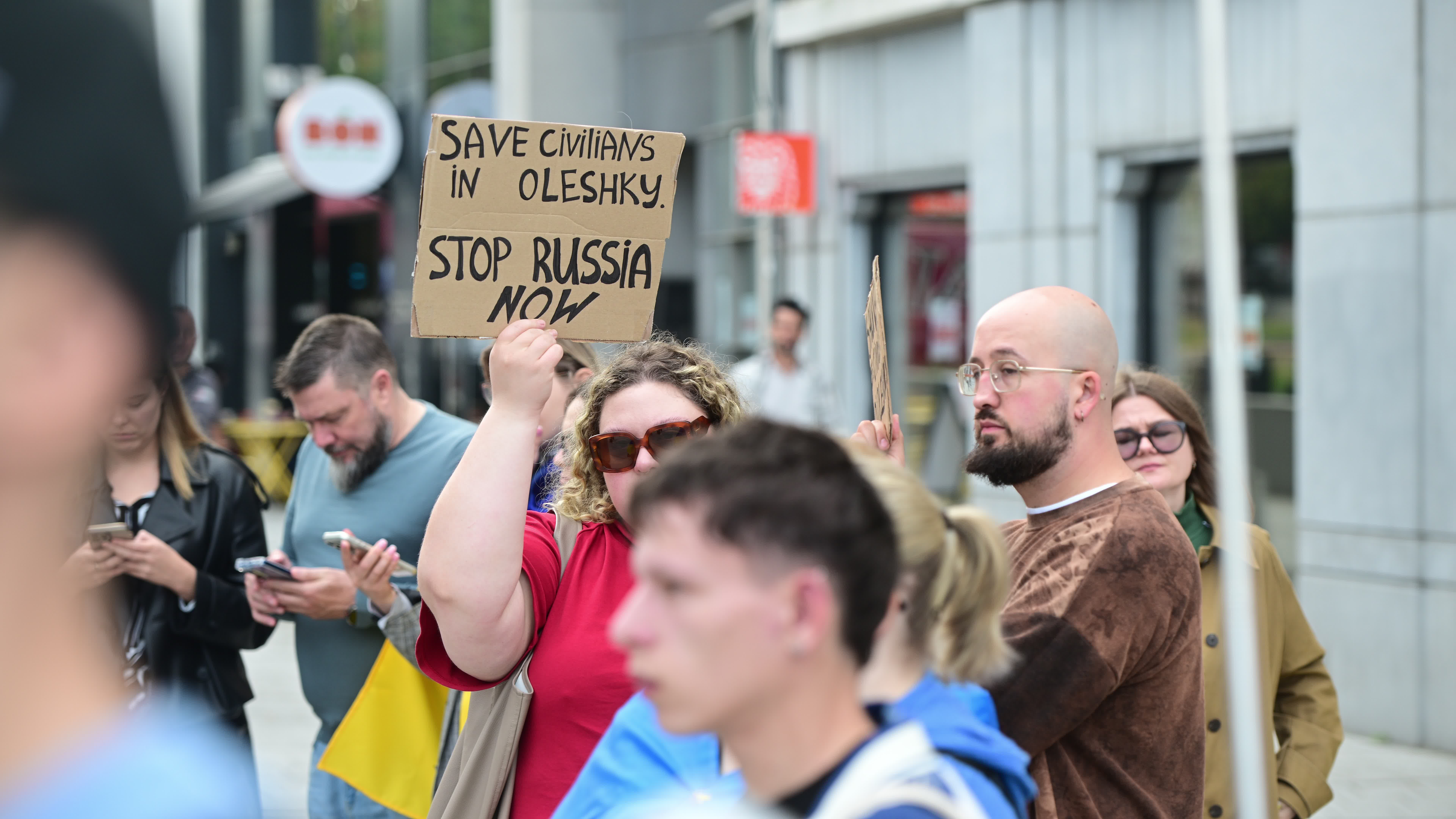 Protest against occupied Oleshky city in Ukraine