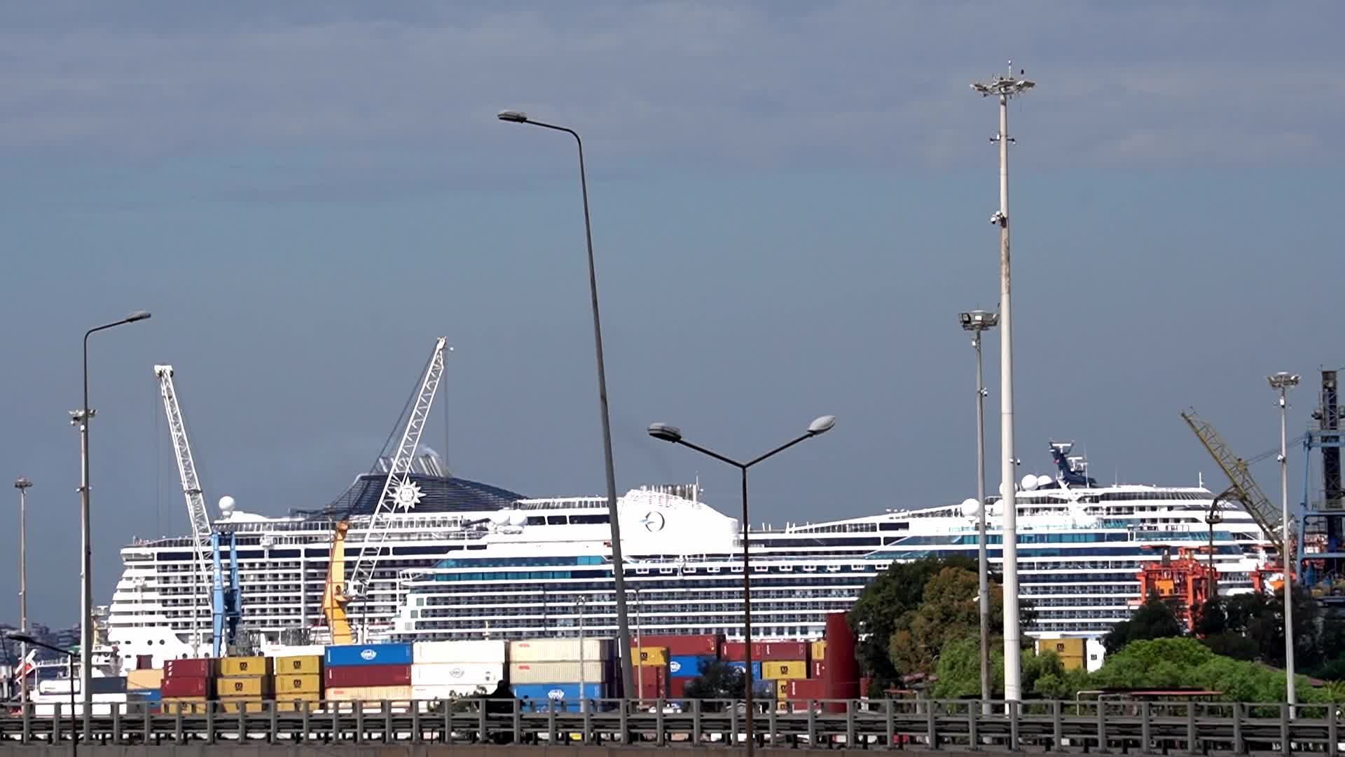 A large MSC cruise ship docked at the commercial port in Izmir