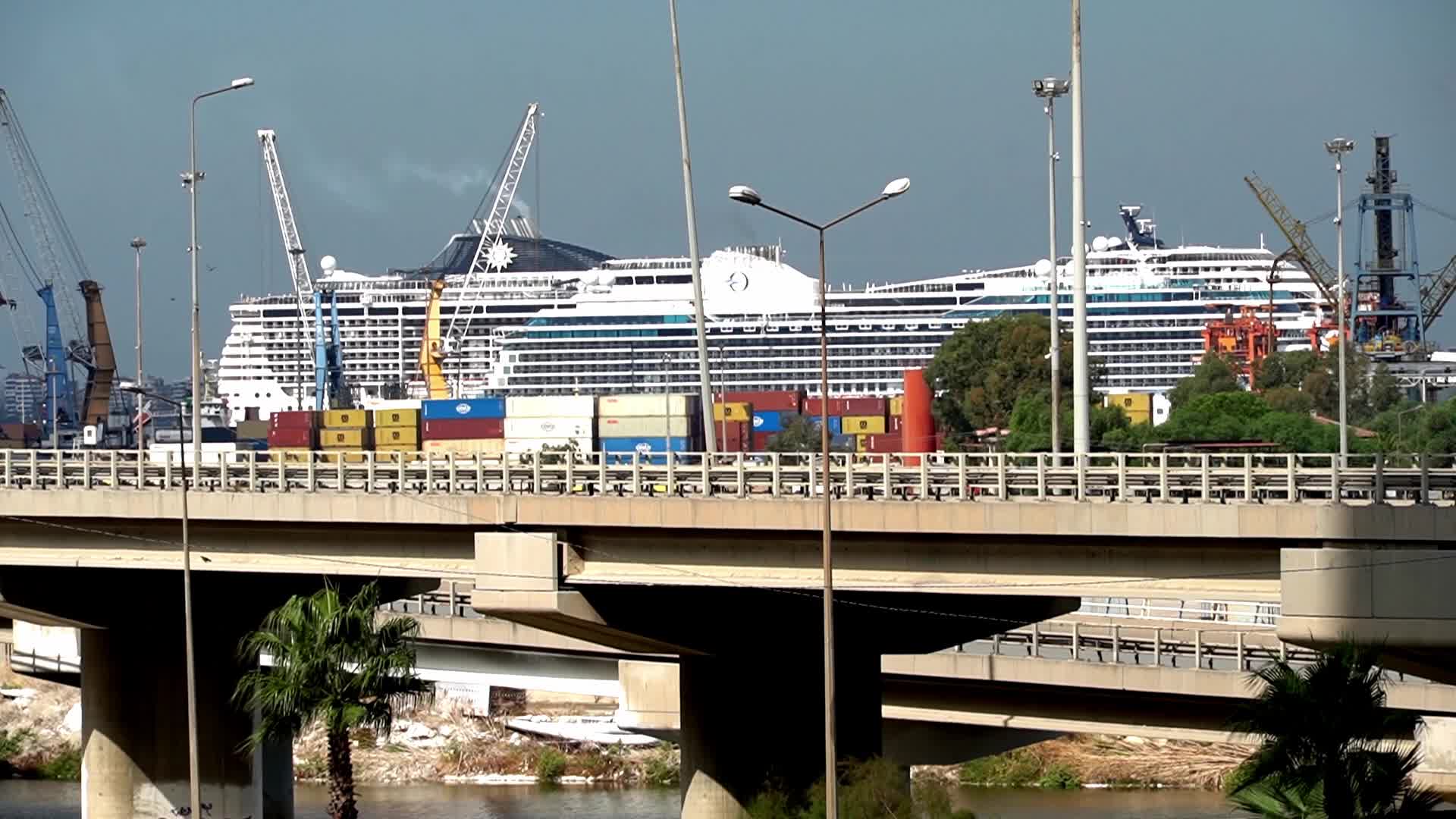 A large MSC cruise ship docked at the commercial port in Izmir