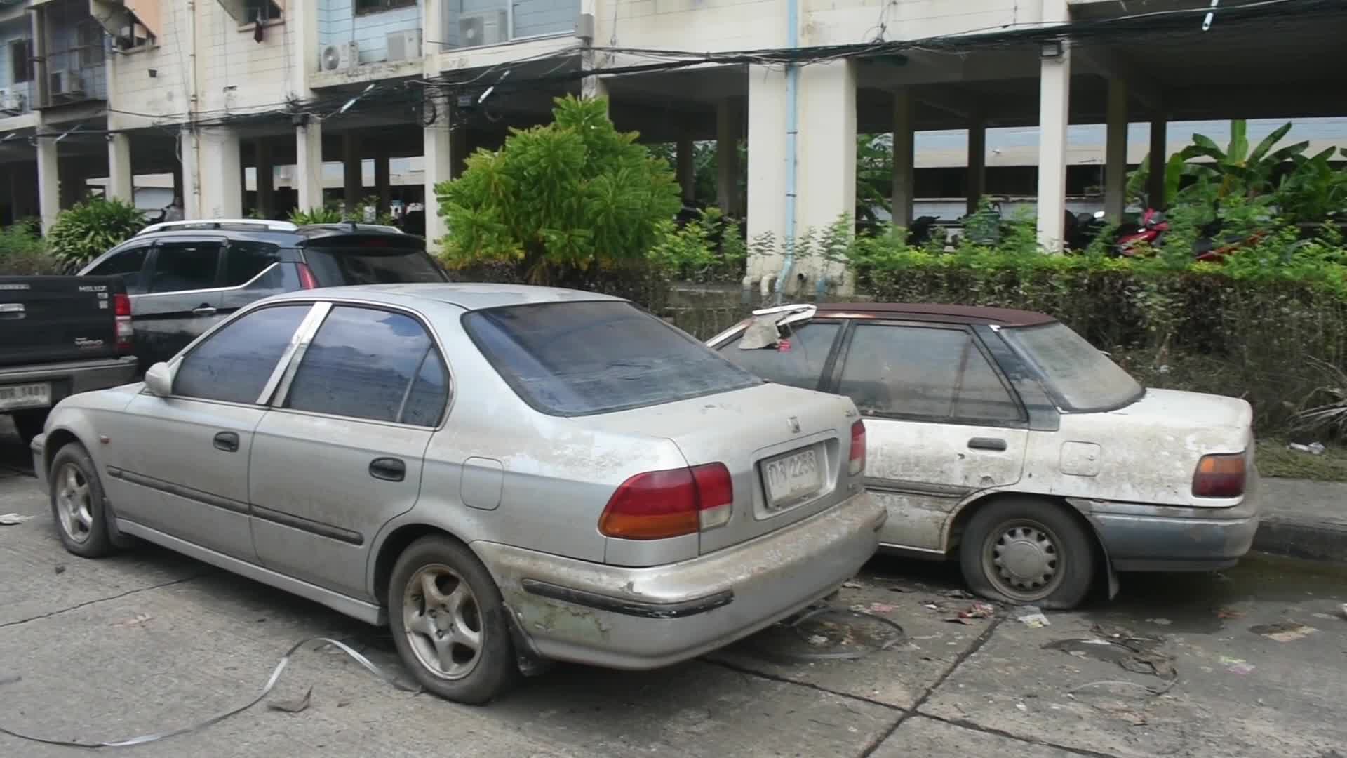 General view shows damage vehicles cause from heavy floods in Bangkok.