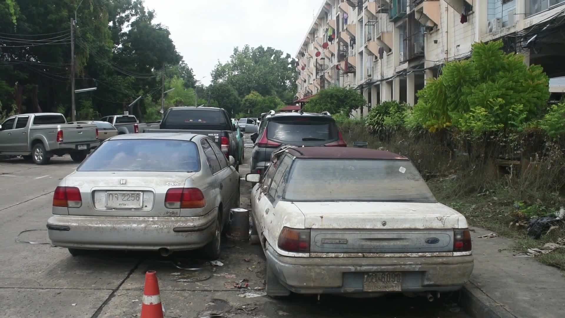 General view shows damage vehicles cause from heavy floods in Bangkok.