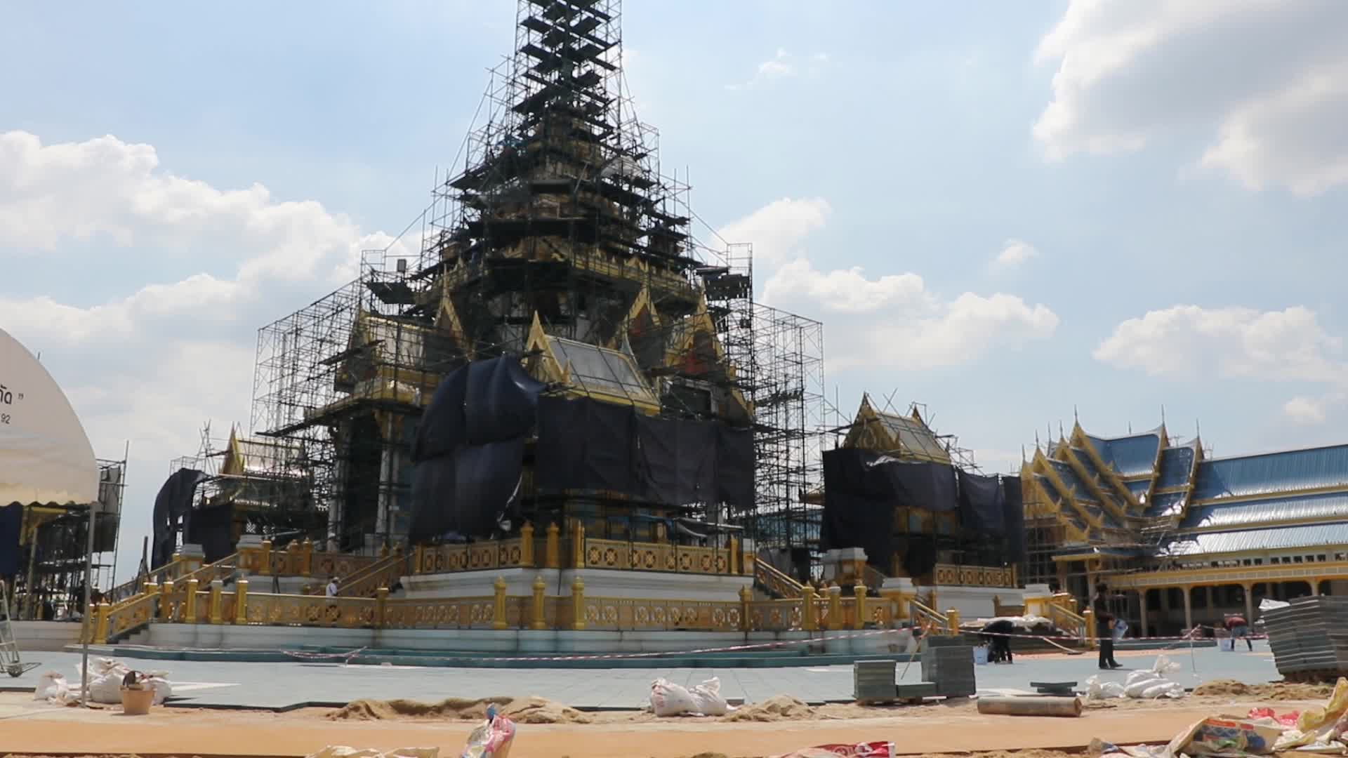 Workers work at the royal crematorium under construction at Sanam Luang in Bangkok.