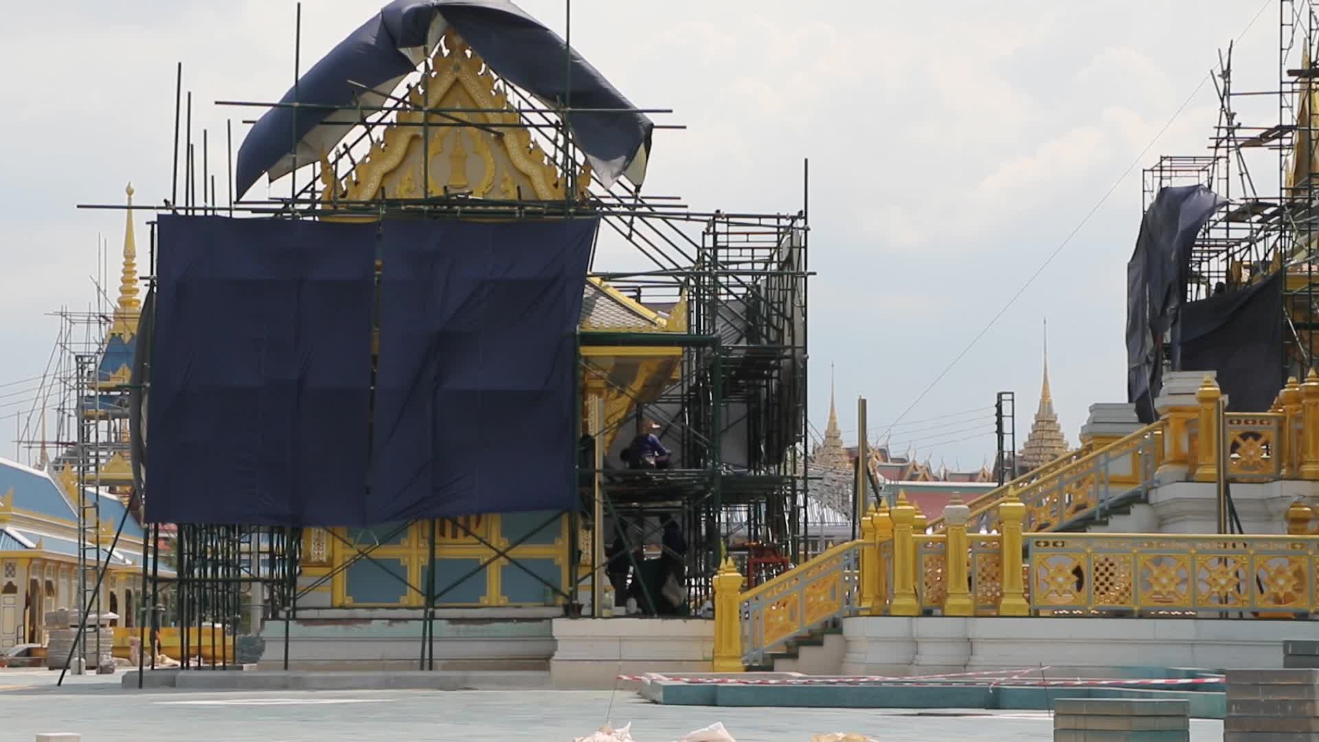 Workers work at the royal crematorium under construction at Sanam Luang in Bangkok.