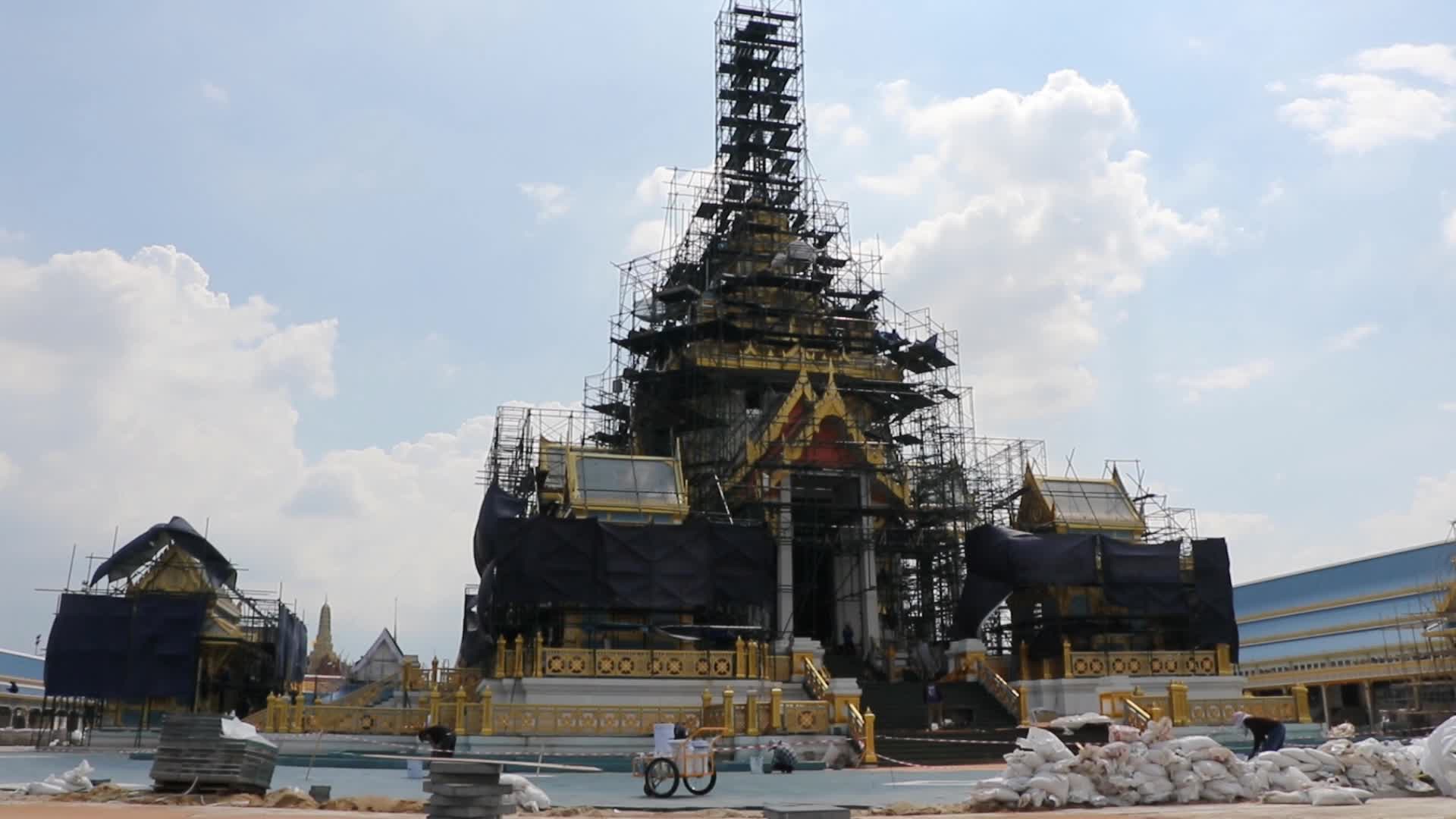 Workers work at the royal crematorium under construction at Sanam Luang in Bangkok.