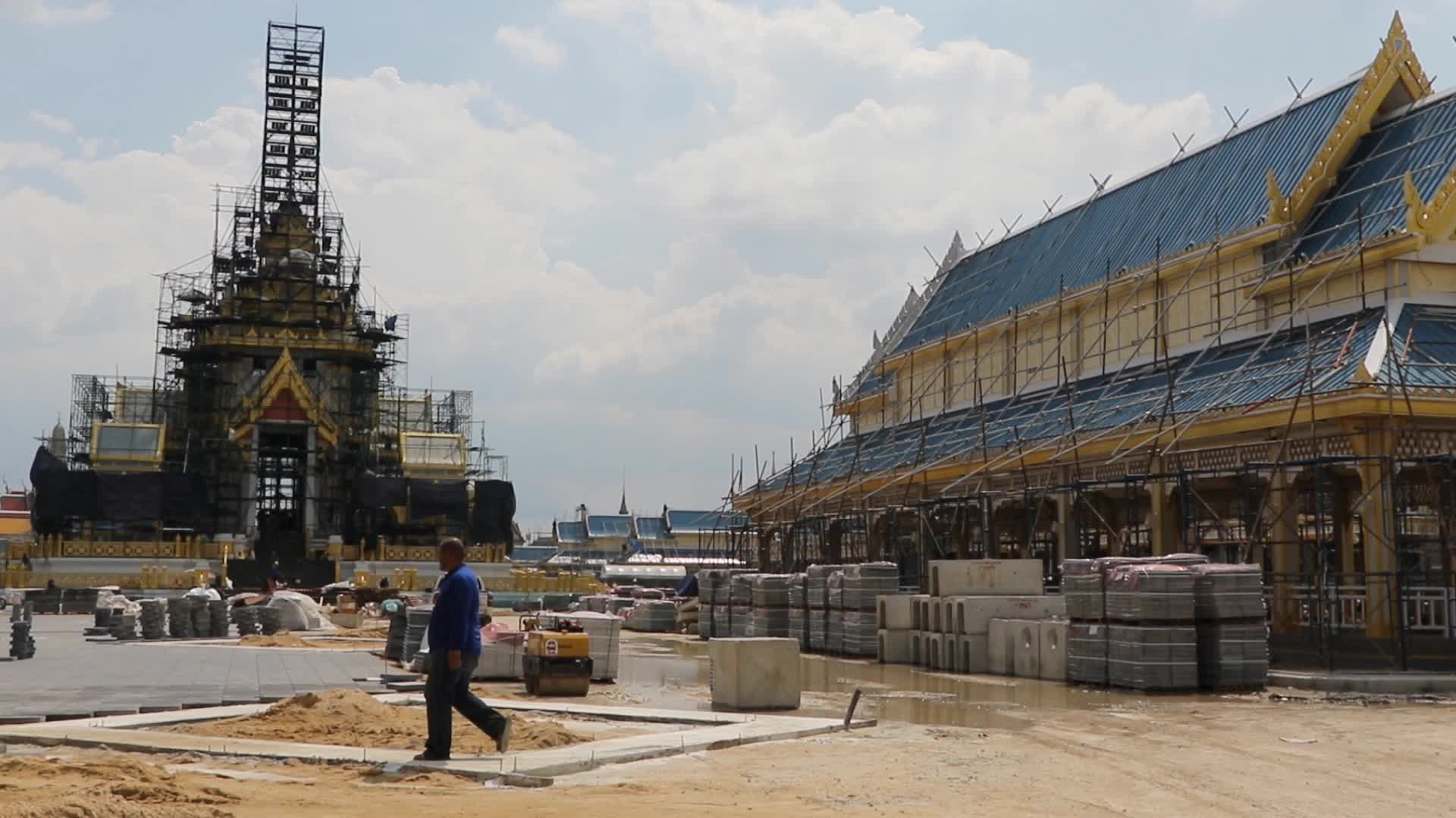 Workers work at the royal crematorium under construction at Sanam Luang in Bangkok.