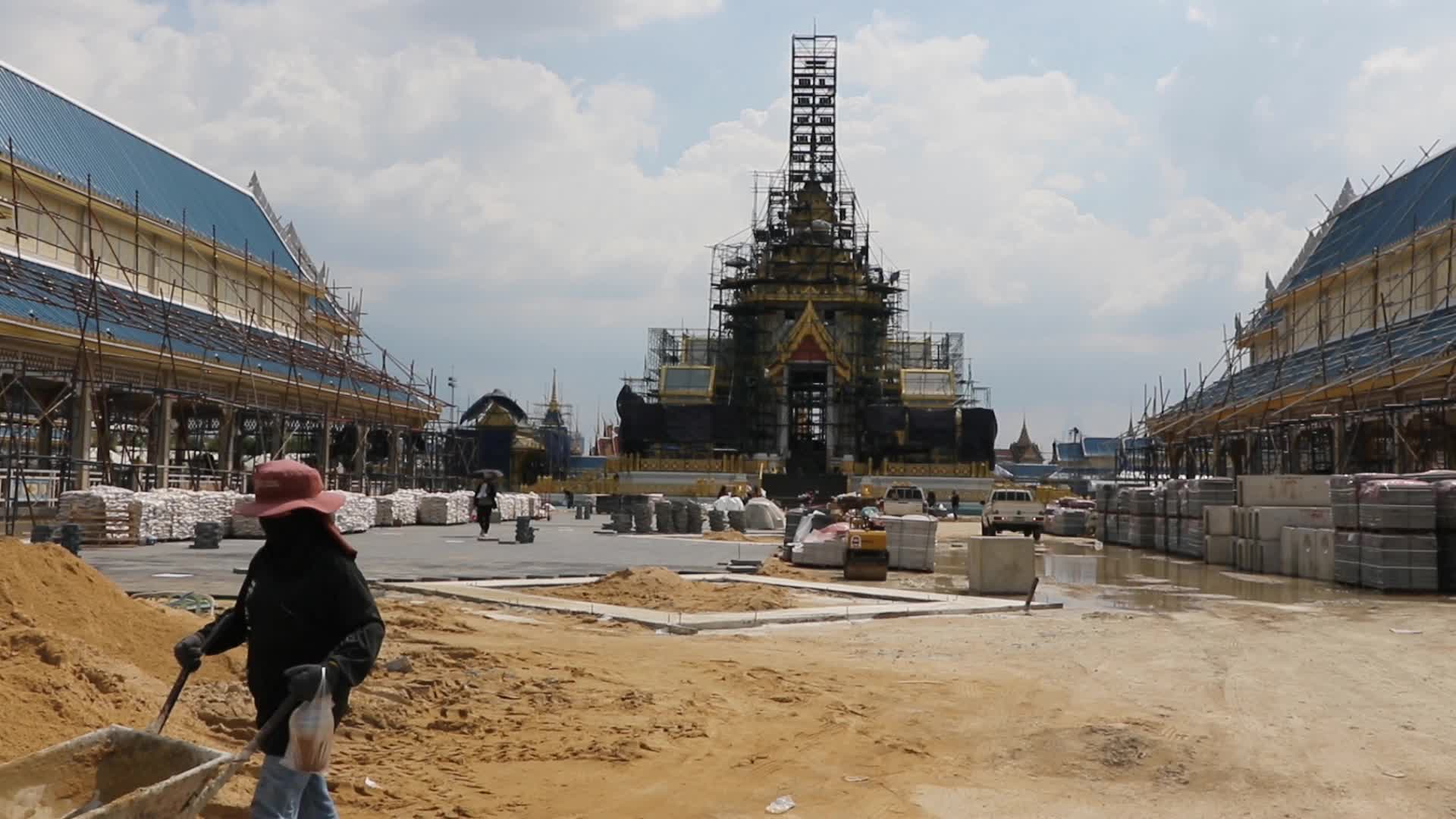 Workers work at the royal crematorium under construction at Sanam Luang in Bangkok.