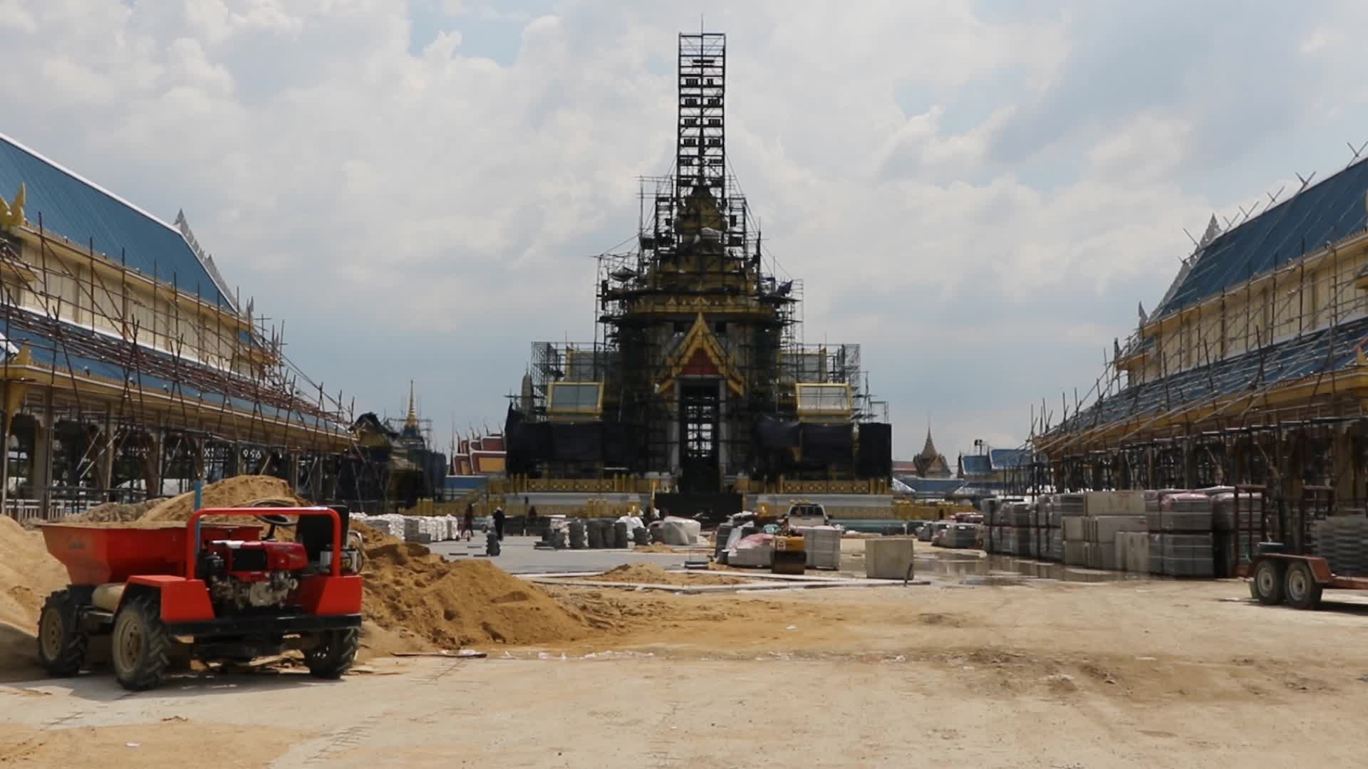 Workers work at the royal crematorium under construction at Sanam Luang in Bangkok.