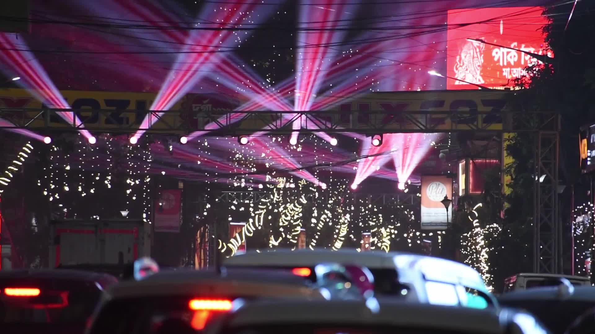 A street is decorated with decorative lights ahead of Durga Puja celebrations in Kolkata