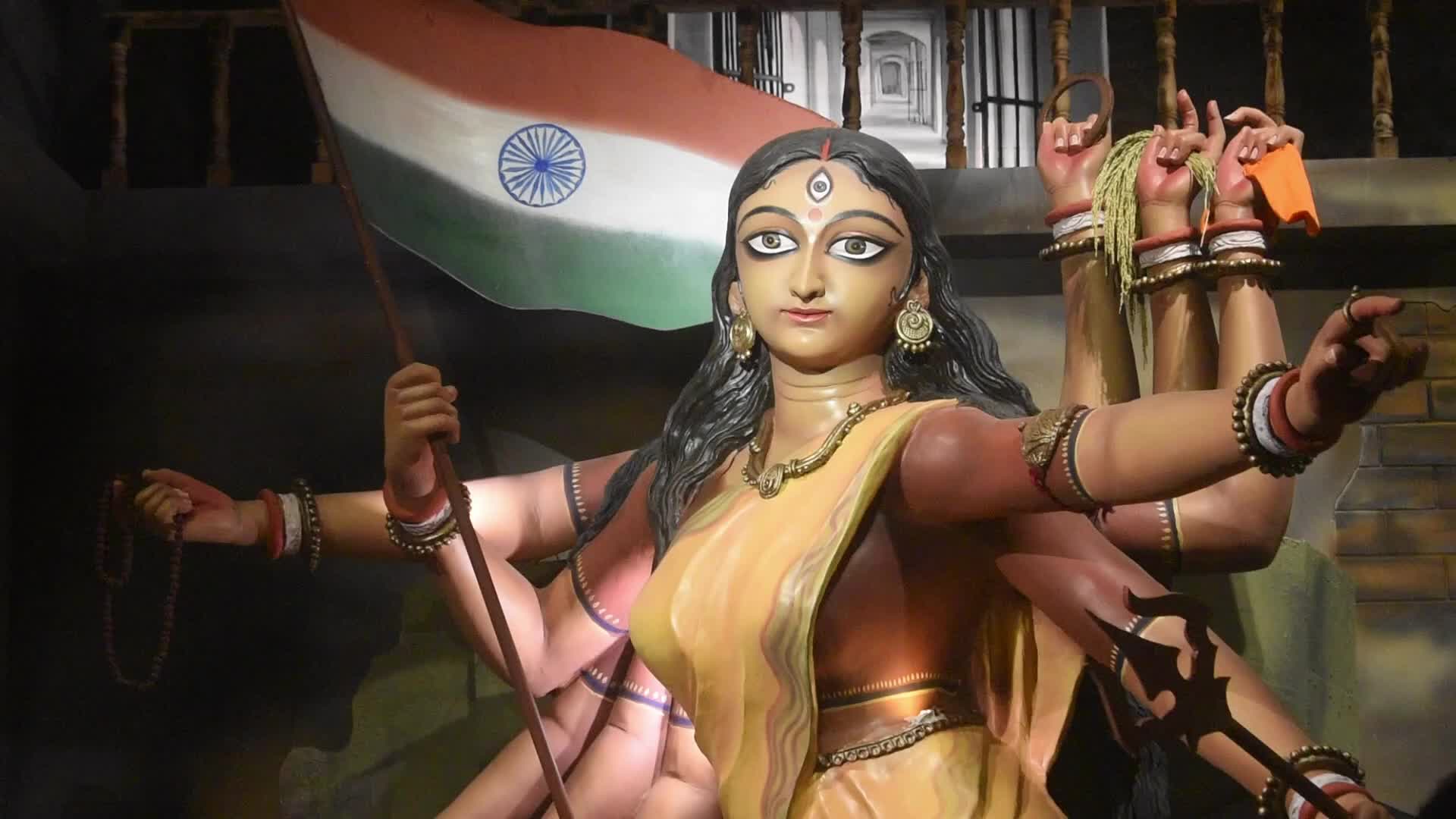Durga Idol Depicted as Bharat Mata at Freedom Fighters-Themed Durga Puja Pandal in Kolkata, India
