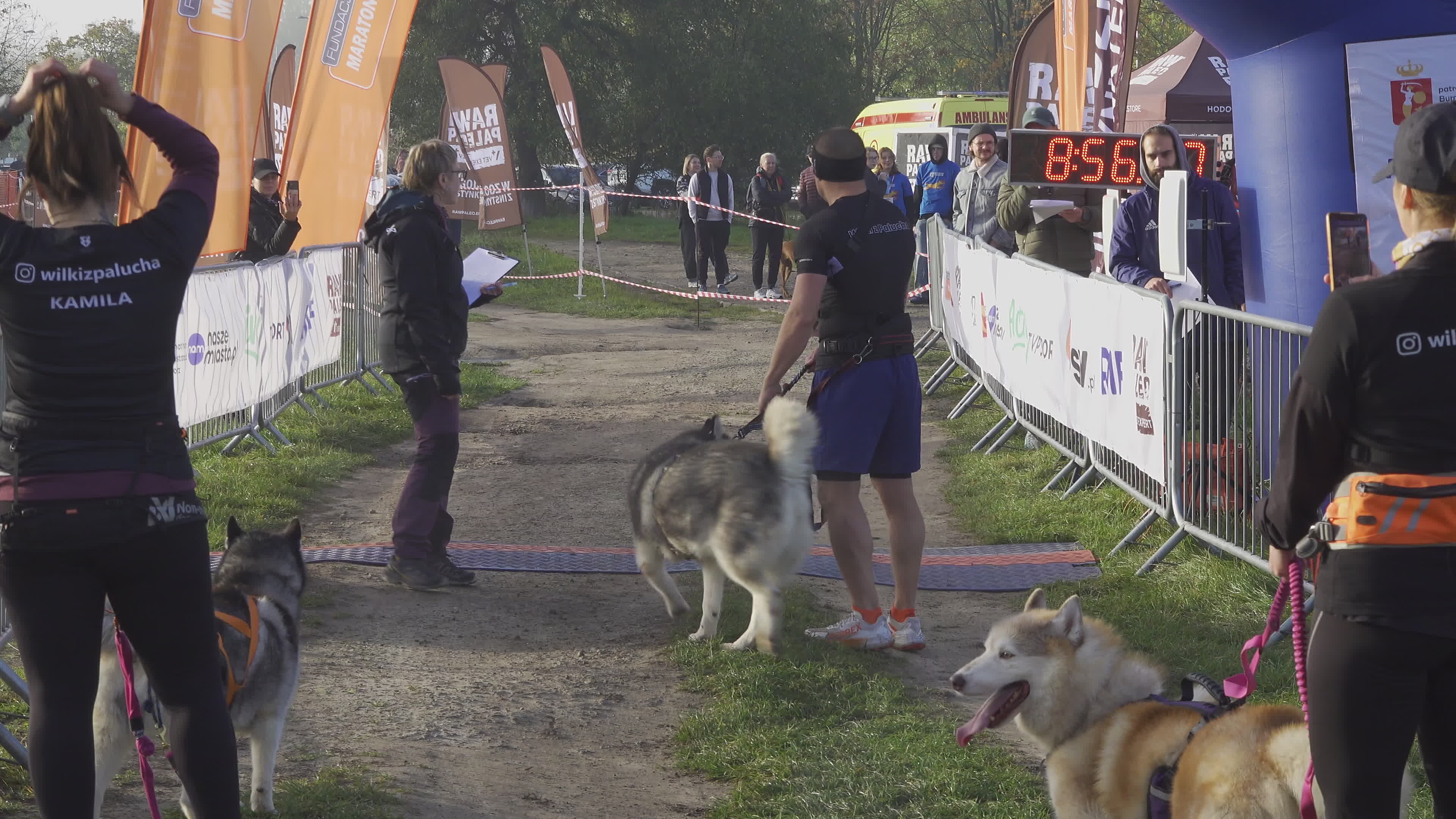 Pet owners run with their dogs in dogtrekking competition in Warsaw