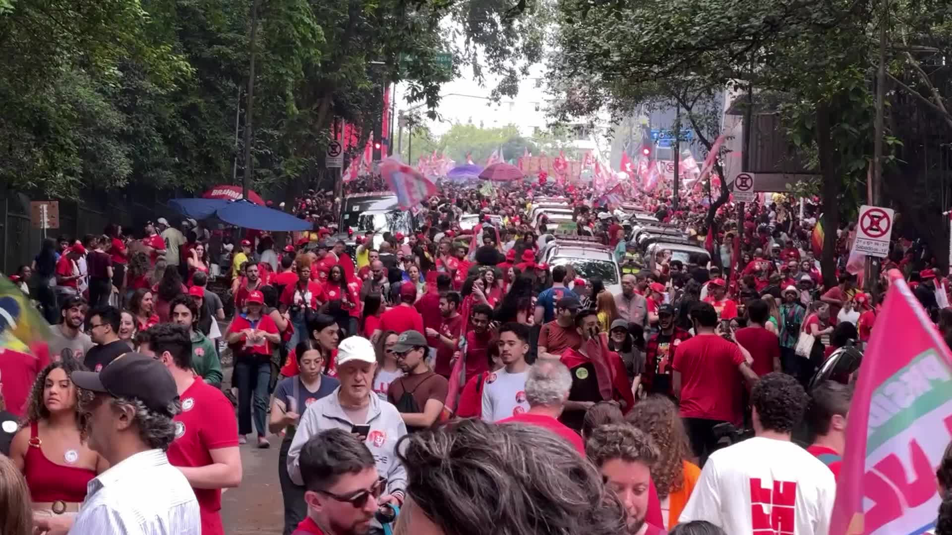 Supporters march on Paulista Avenue at Lula’s last campaign rally before Brazil’s runoff