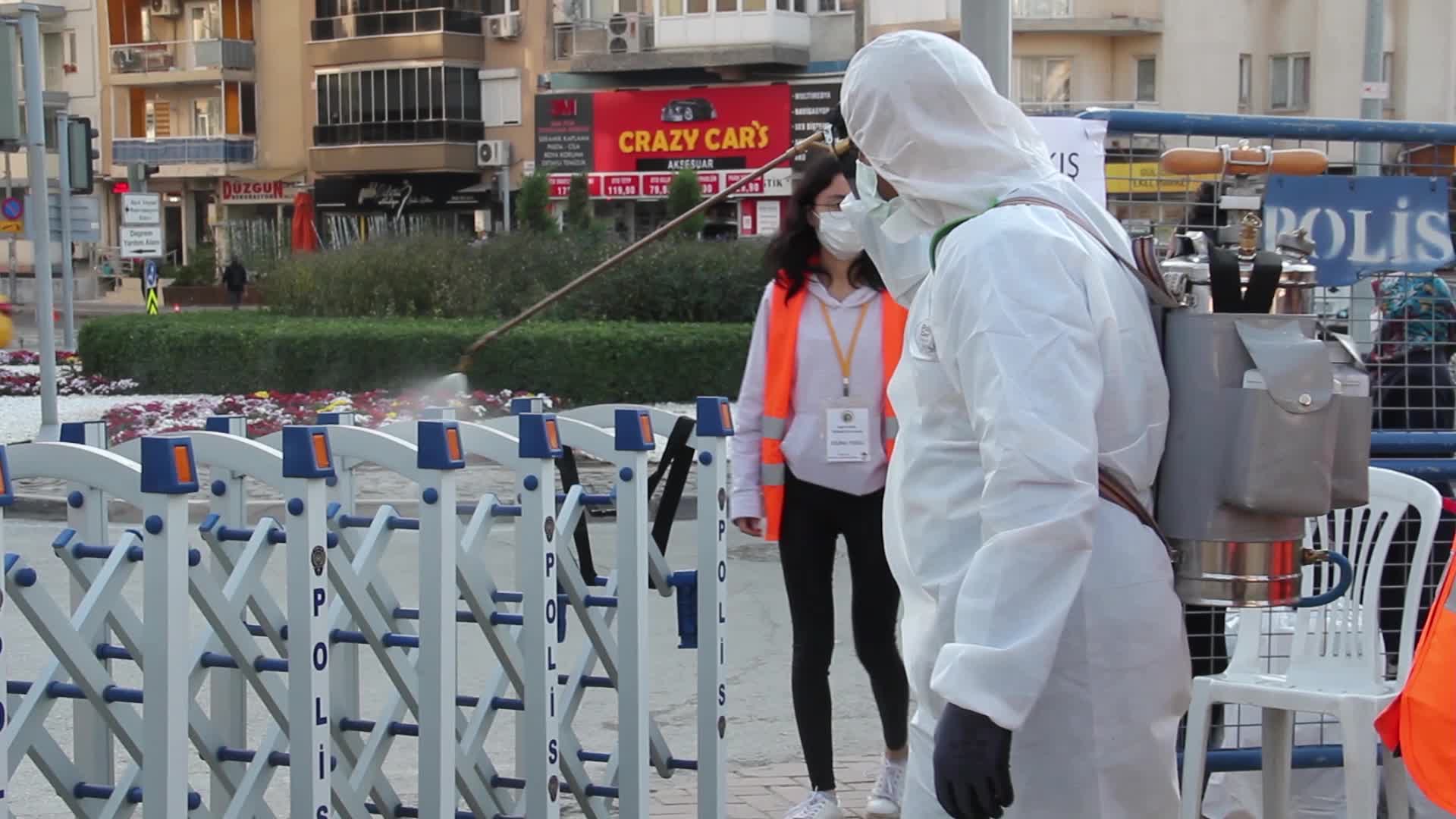 Disinfection and Sterilization team of Izmir Municipality sterilizes tent city in Izmir, in Turkey