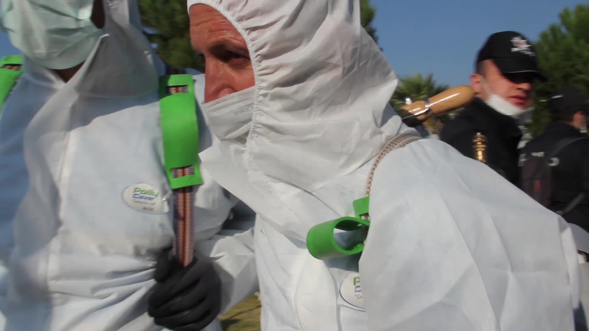 Disinfection and Sterilization team of Izmir Municipality sterilizes tent city in Izmir, in Turkey