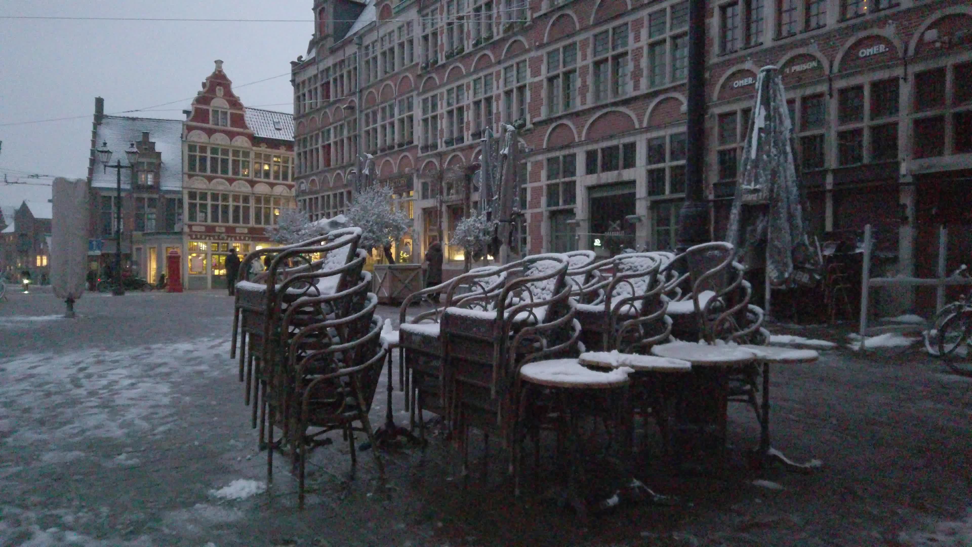 Daily Life In Gent Snowfall during Covid-19 Pandemic with bar and restaurant closed