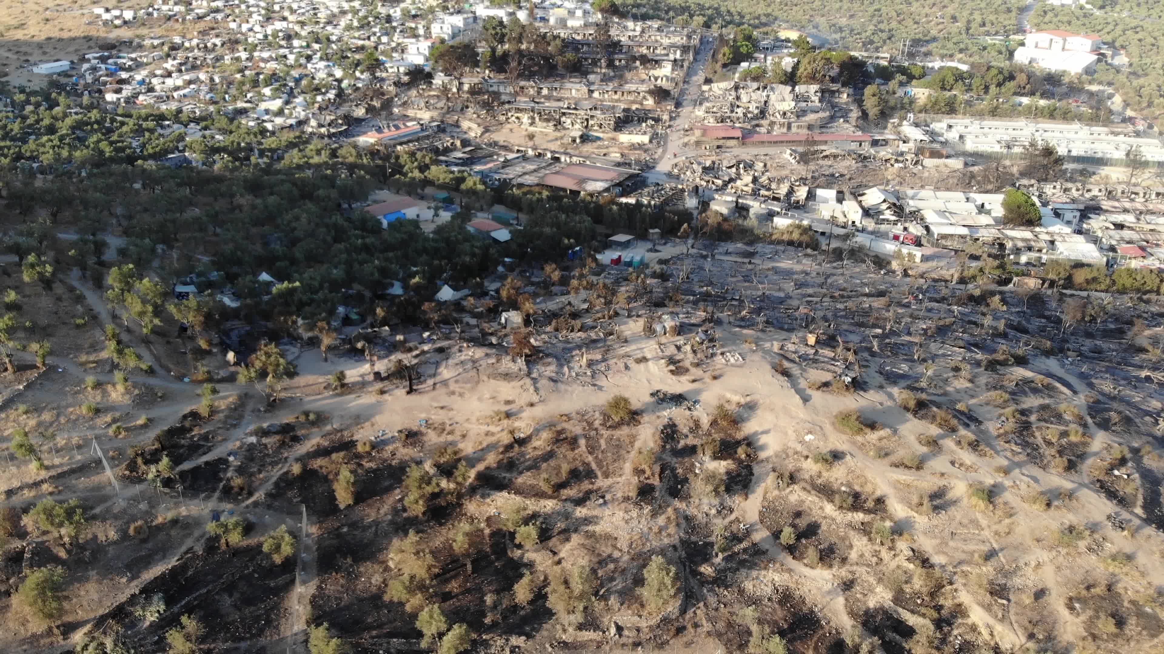Drone view of Moria camp after the first fire