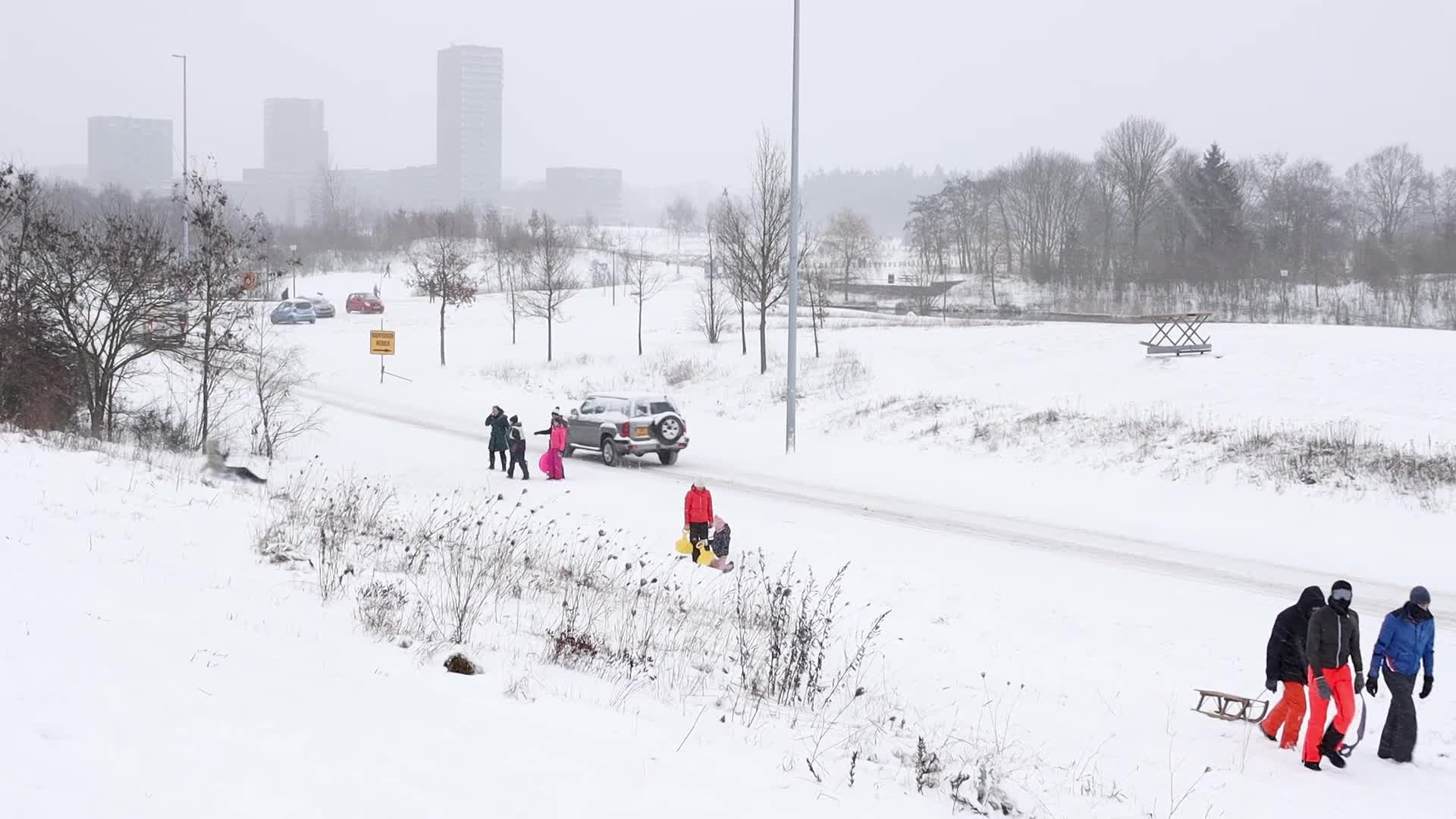Dutch have fun in the snow in Meerhoven, Netherlands