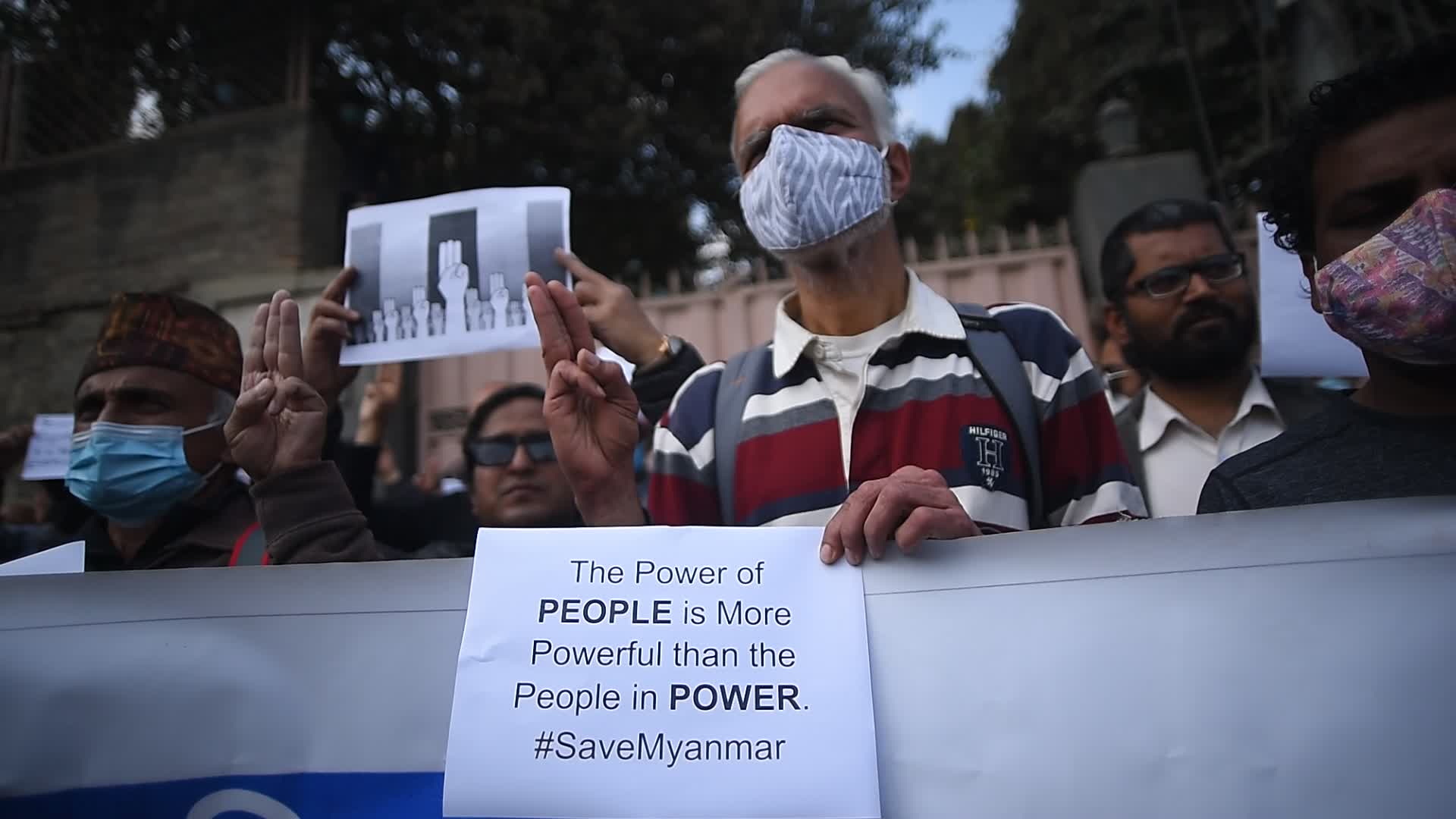 Three-finger salute in front of Myanmar Embassy in Nepal