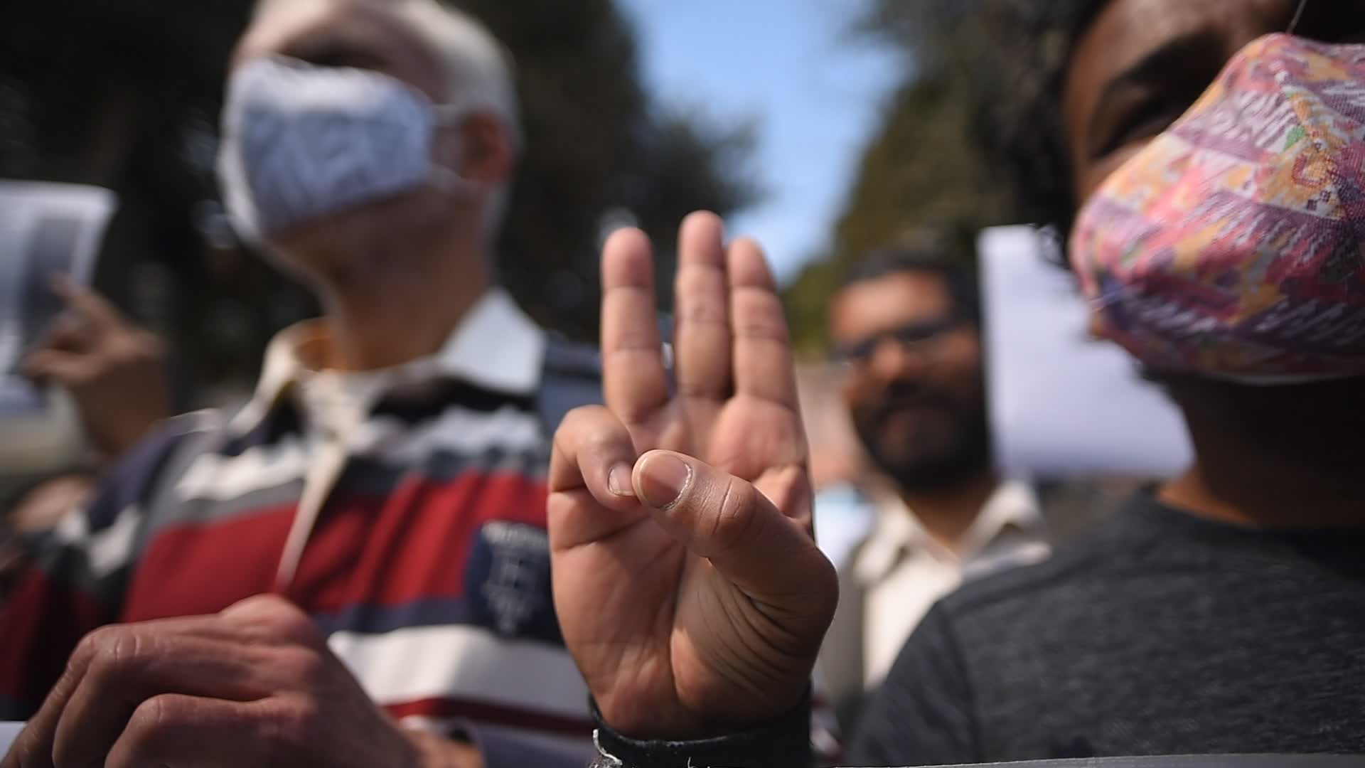 Three-finger salute in front of Myanmar Embassy in Nepal