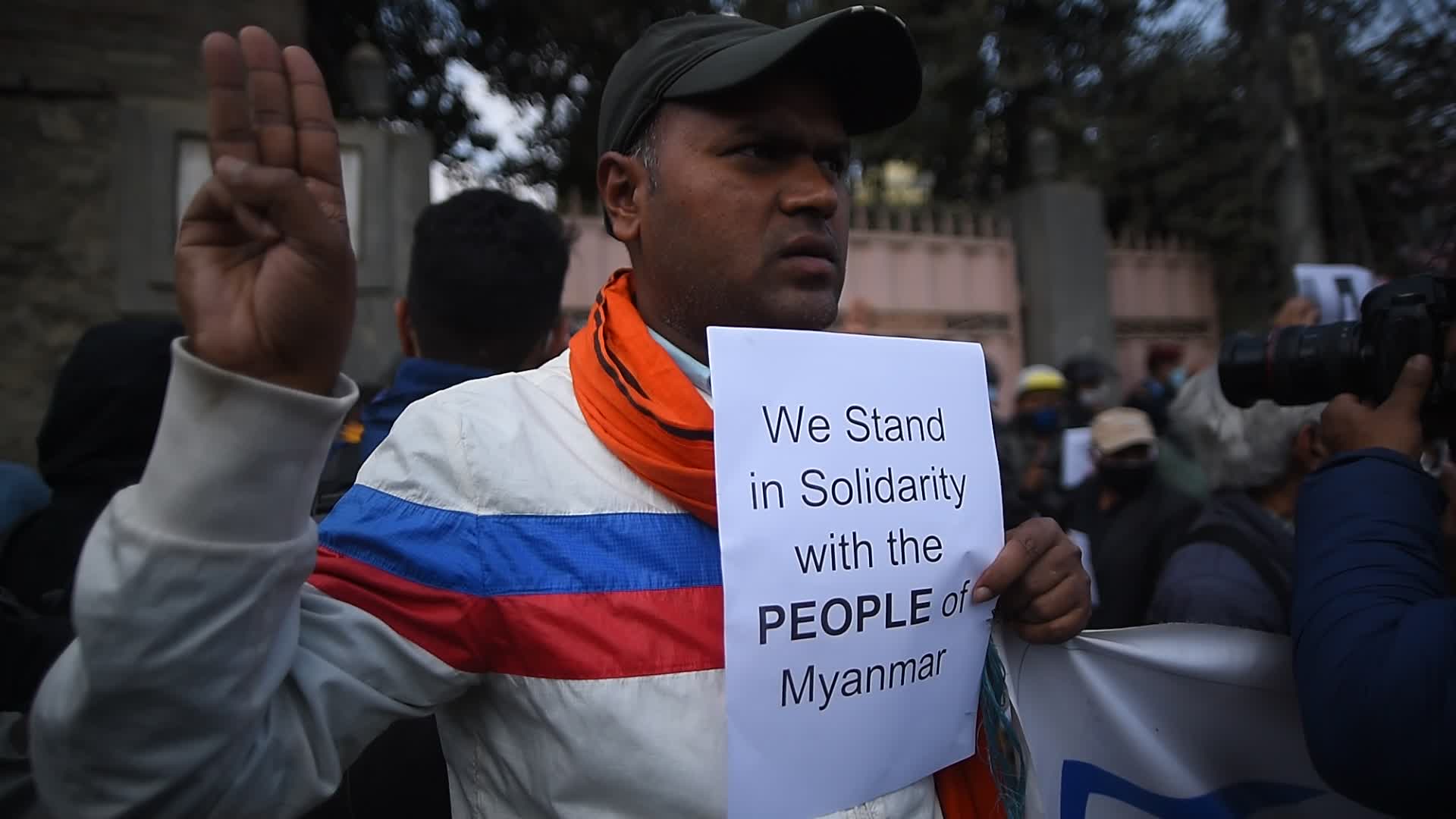 Three-finger salute in front of Myanmar Embassy in Nepal