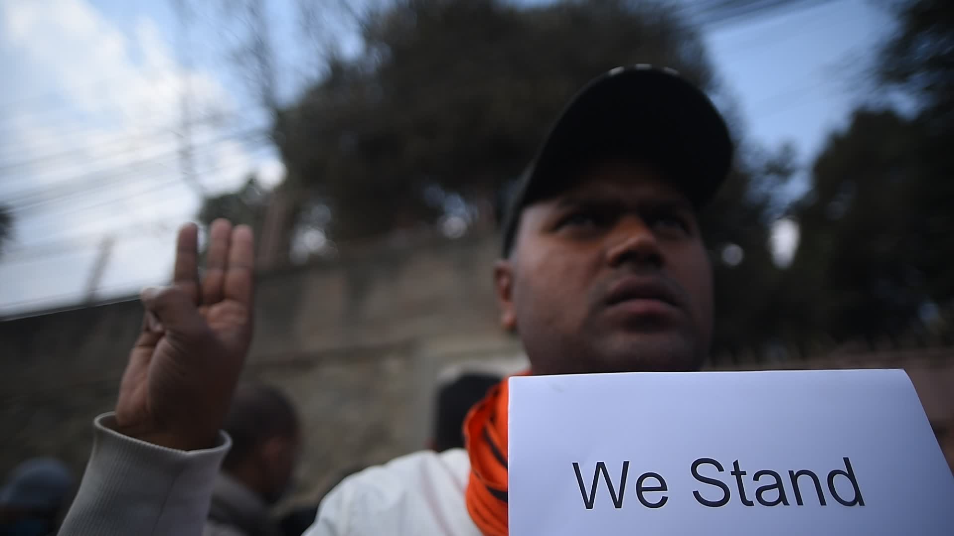 Three-finger salute in front of Myanmar Embassy in Nepal