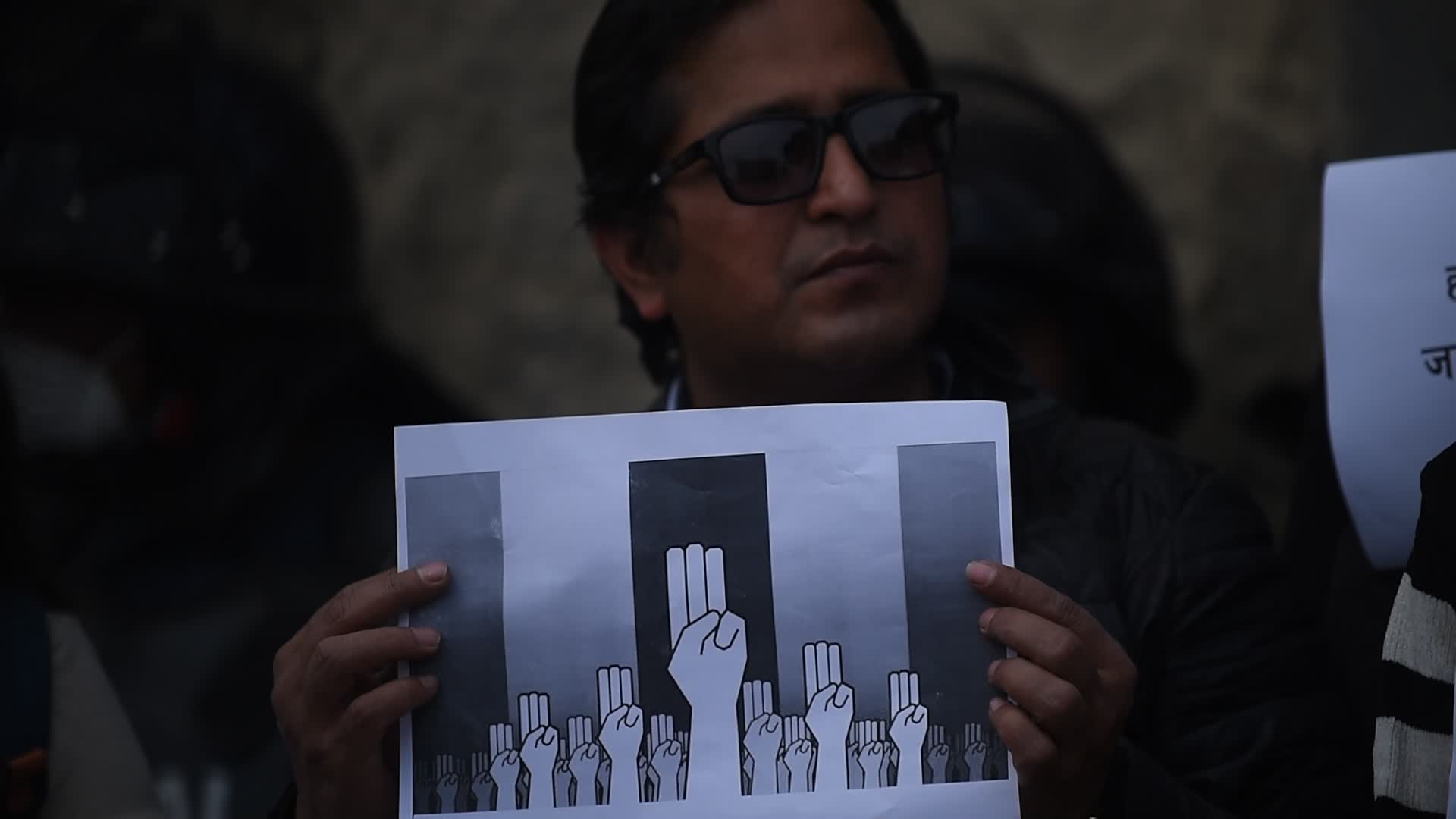 Three-finger salute in front of Myanmar Embassy in Nepal