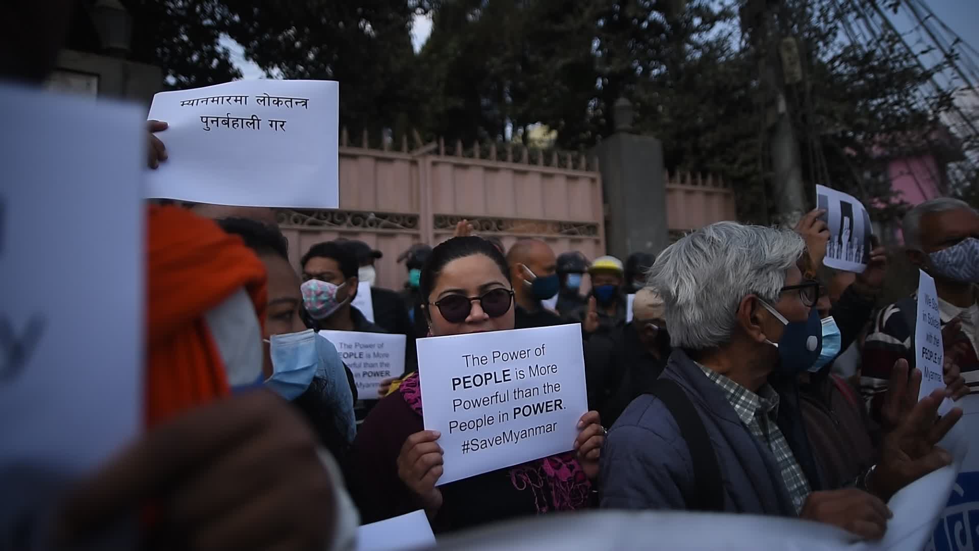 Three-finger salute in front of Myanmar Embassy in Nepal