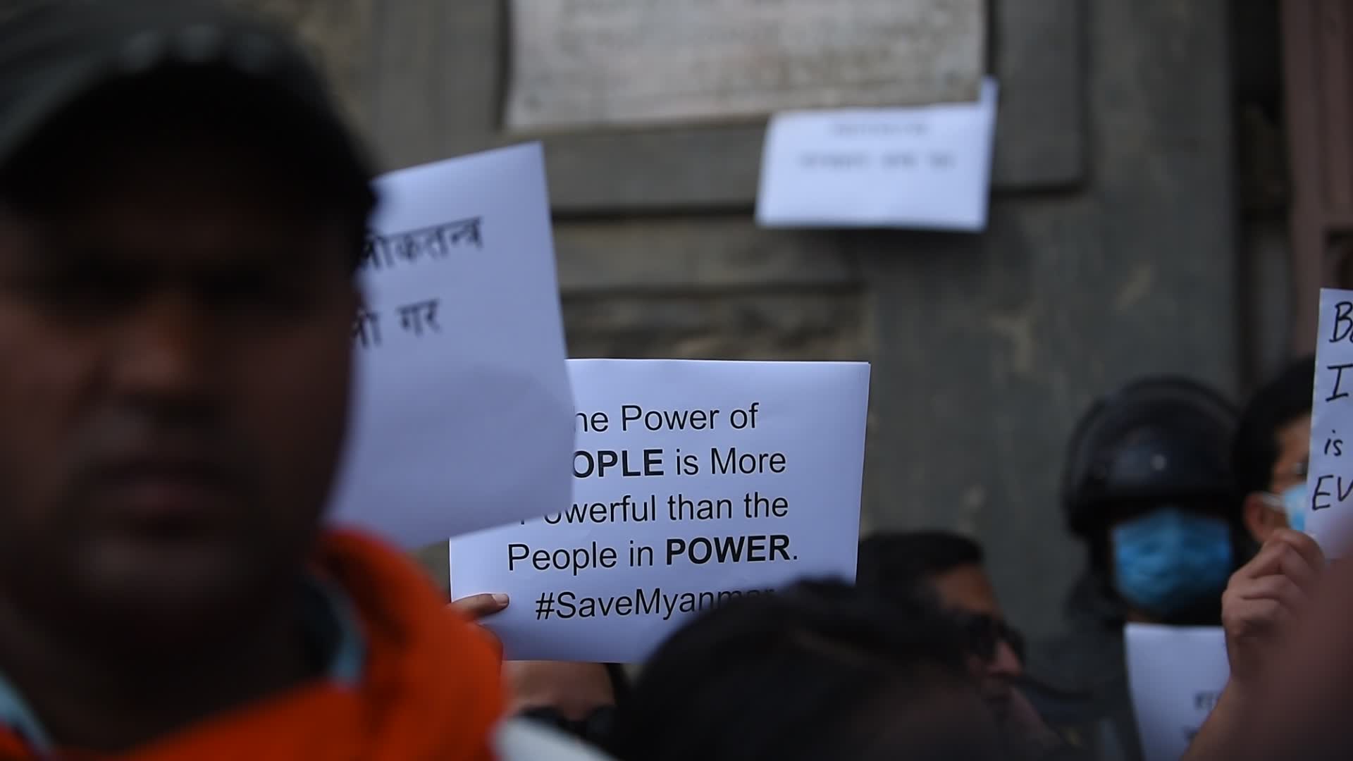 Three-finger salute in front of Myanmar Embassy in Nepal