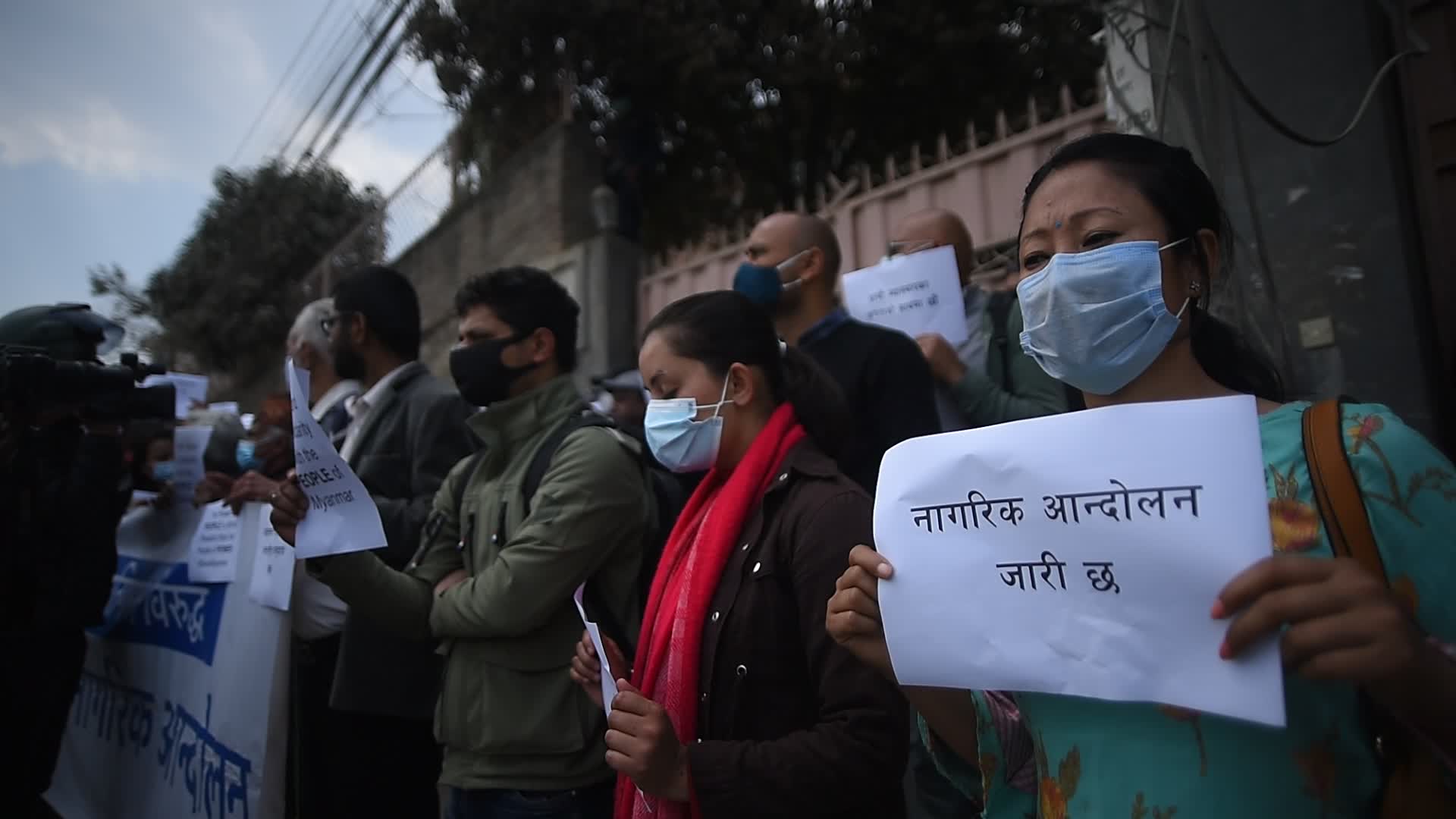 Three-finger salute in front of Myanmar Embassy in Nepal