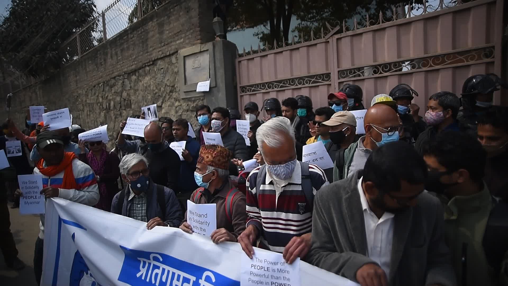 Three-finger salute in front of Myanmar Embassy in Nepal